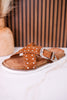 "Jocilyn" Tan Studded Slip On Sandals With Antique Style Buckle