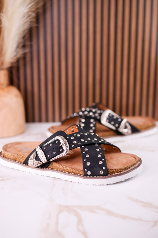 "Jocilyn" Black Studded Slip On Sandals With Antique Style Buckle