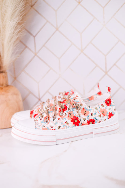 Aman Peach Floral Sneakers With Rhinestone Laces