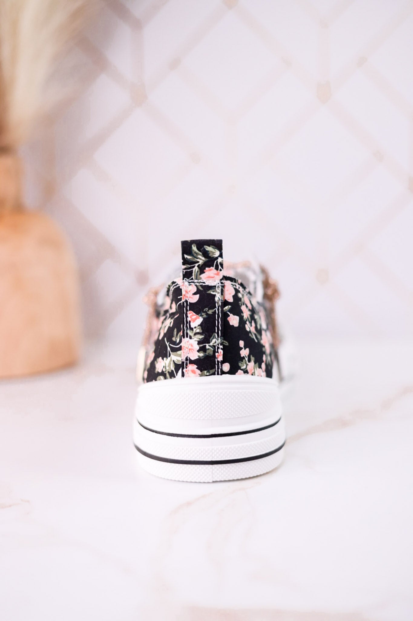Aman Black & Pink Floral Sneakers WIth Rhinestone Laces