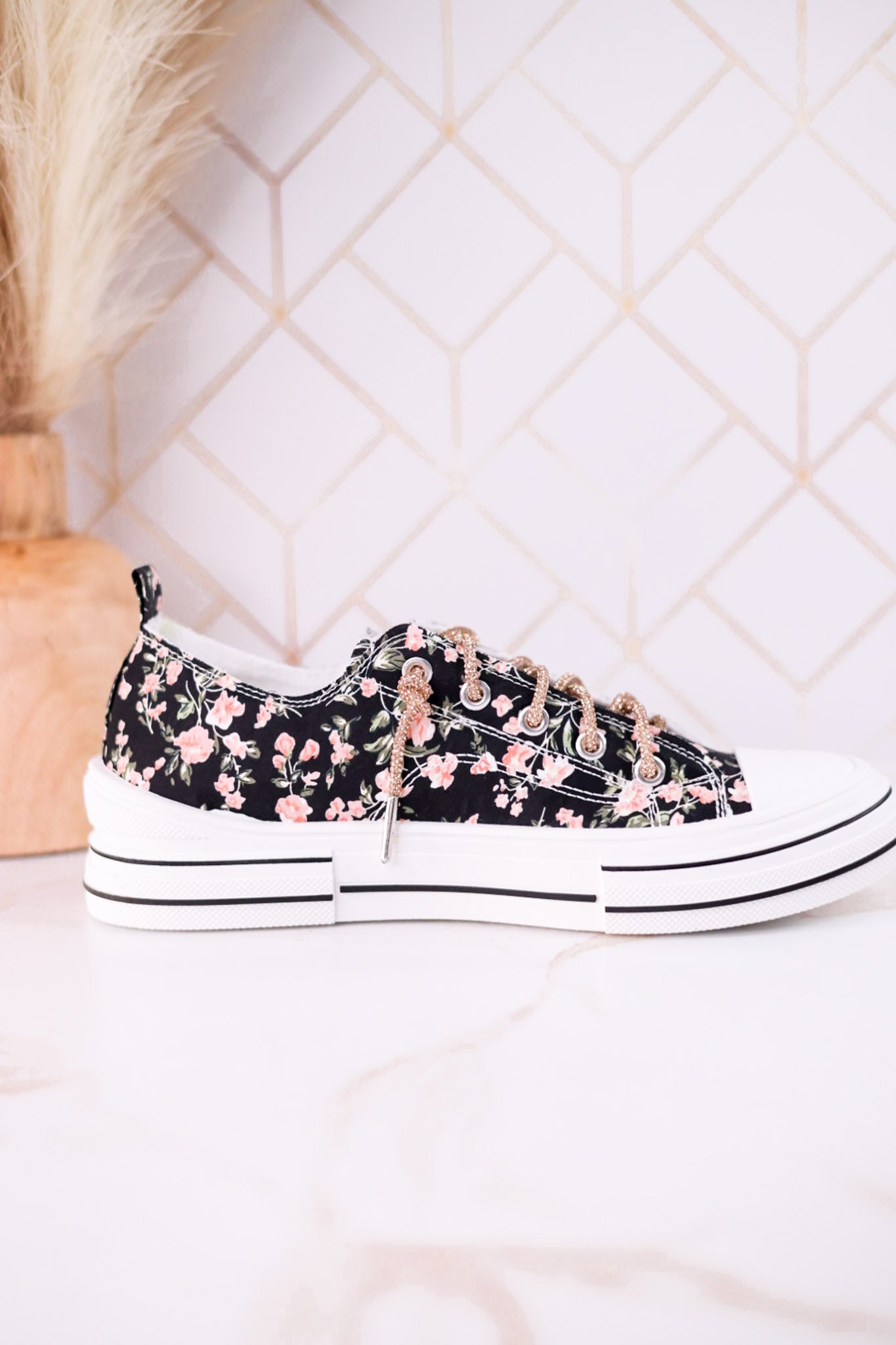 Aman Black & Pink Floral Sneakers WIth Rhinestone Laces