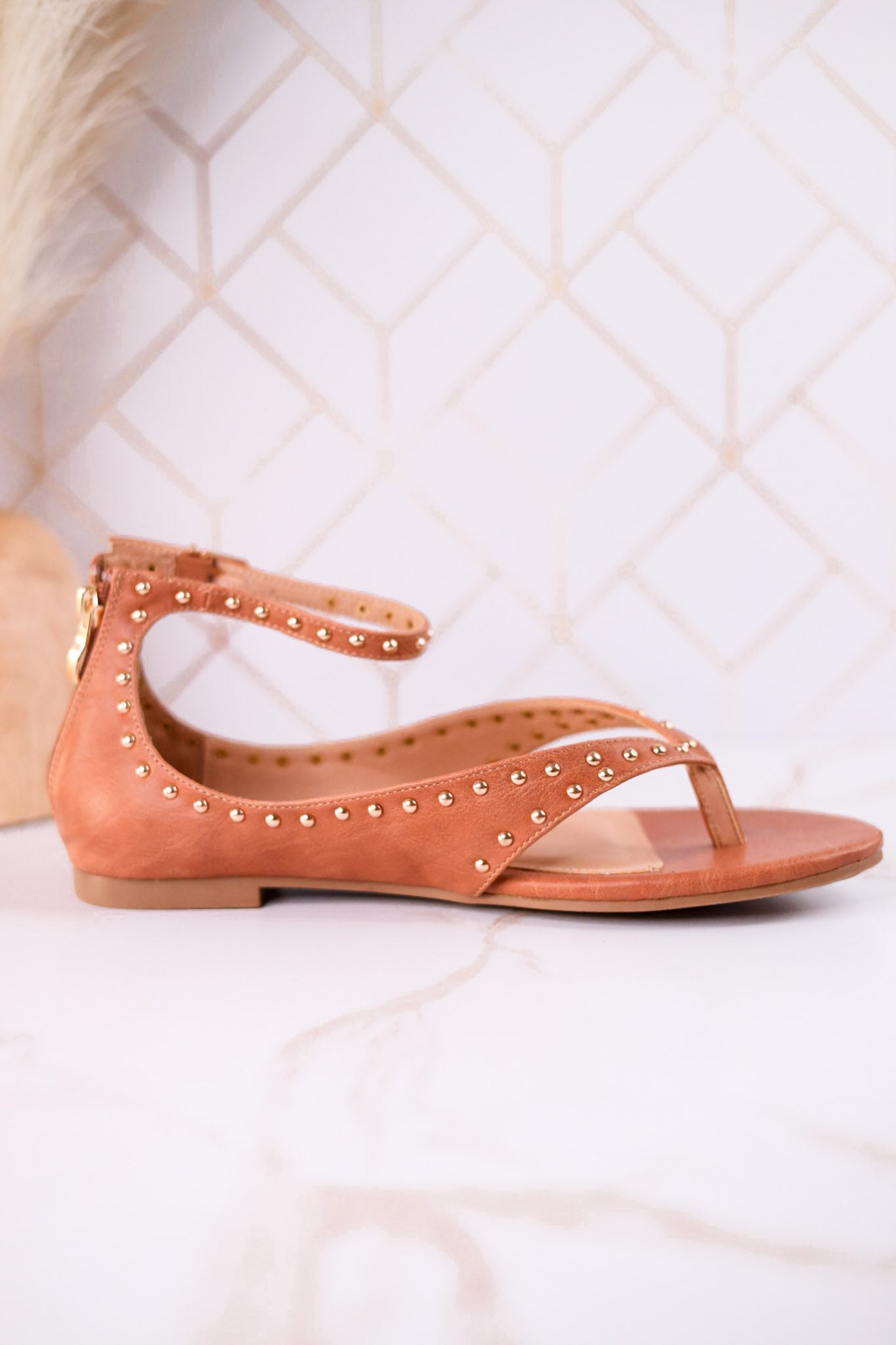 "Don't Be Cringy" Cognac Studded Ankle Strap Sandals