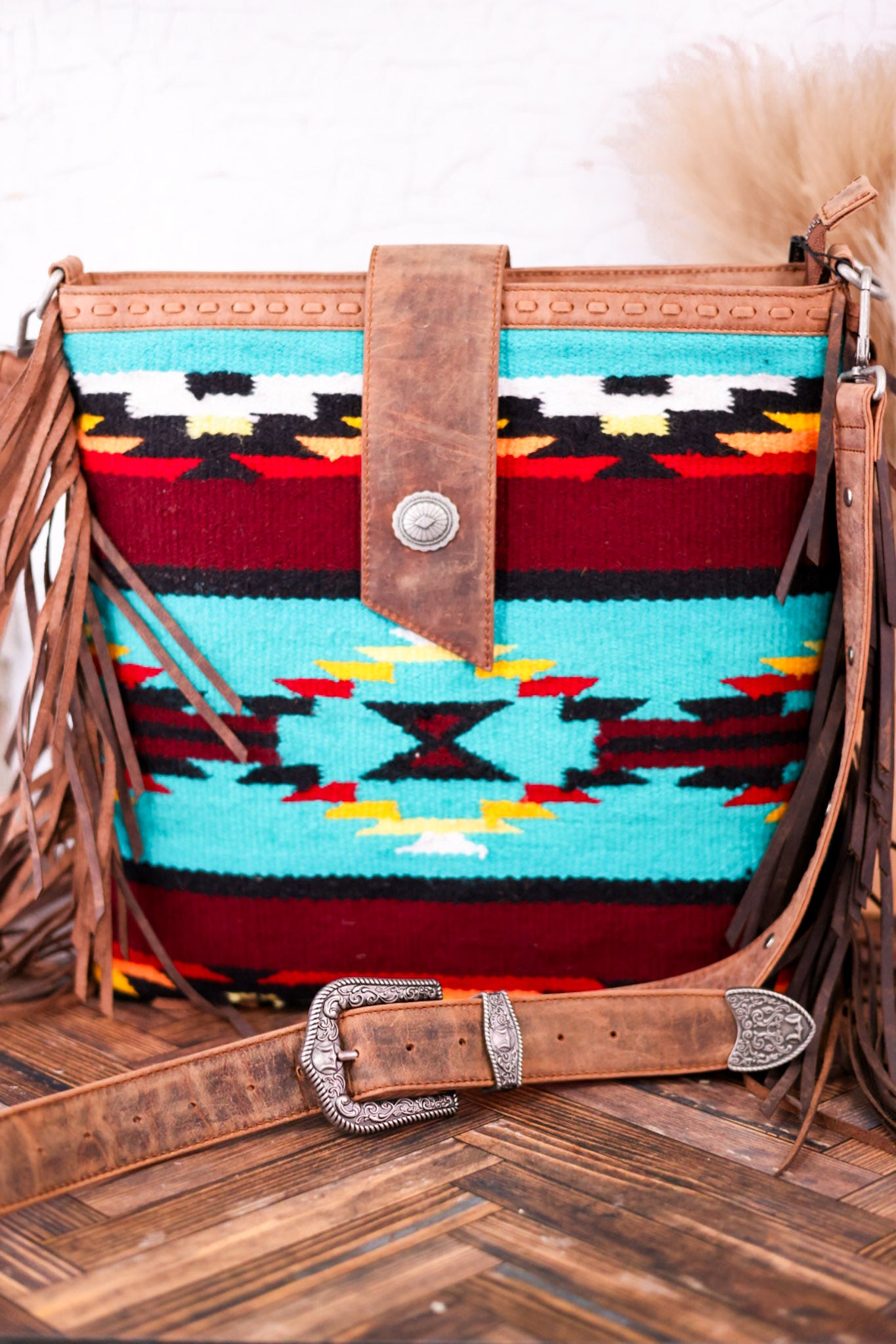 The Long Chap Patterned Canvas Purse with Cowhide Tassels