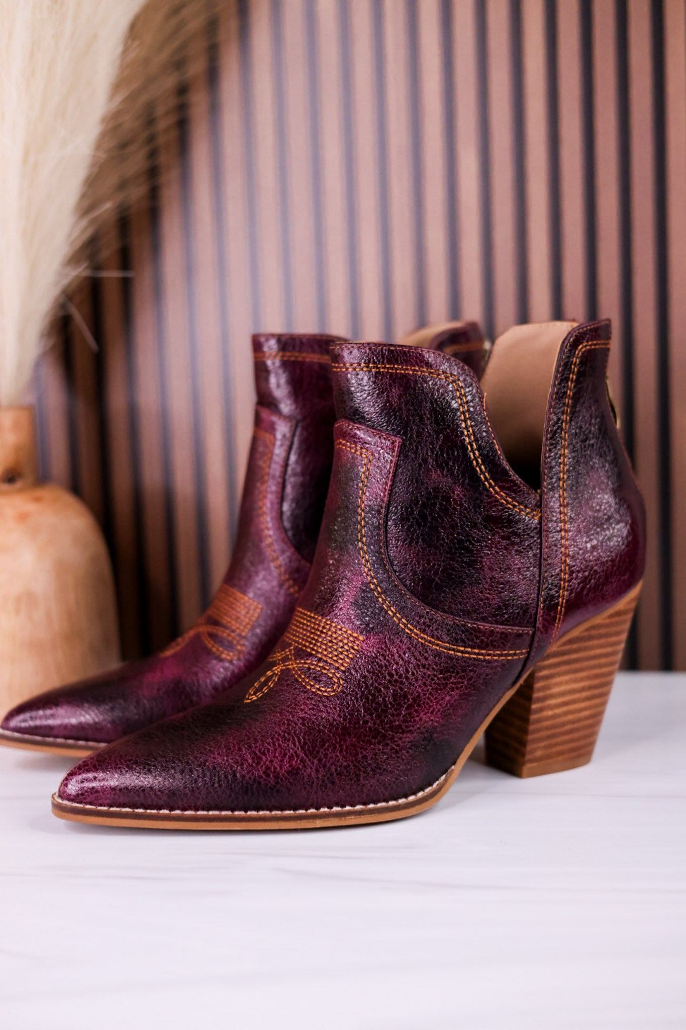 Smoke Show Wine Faux Leather Western Ankle Boots