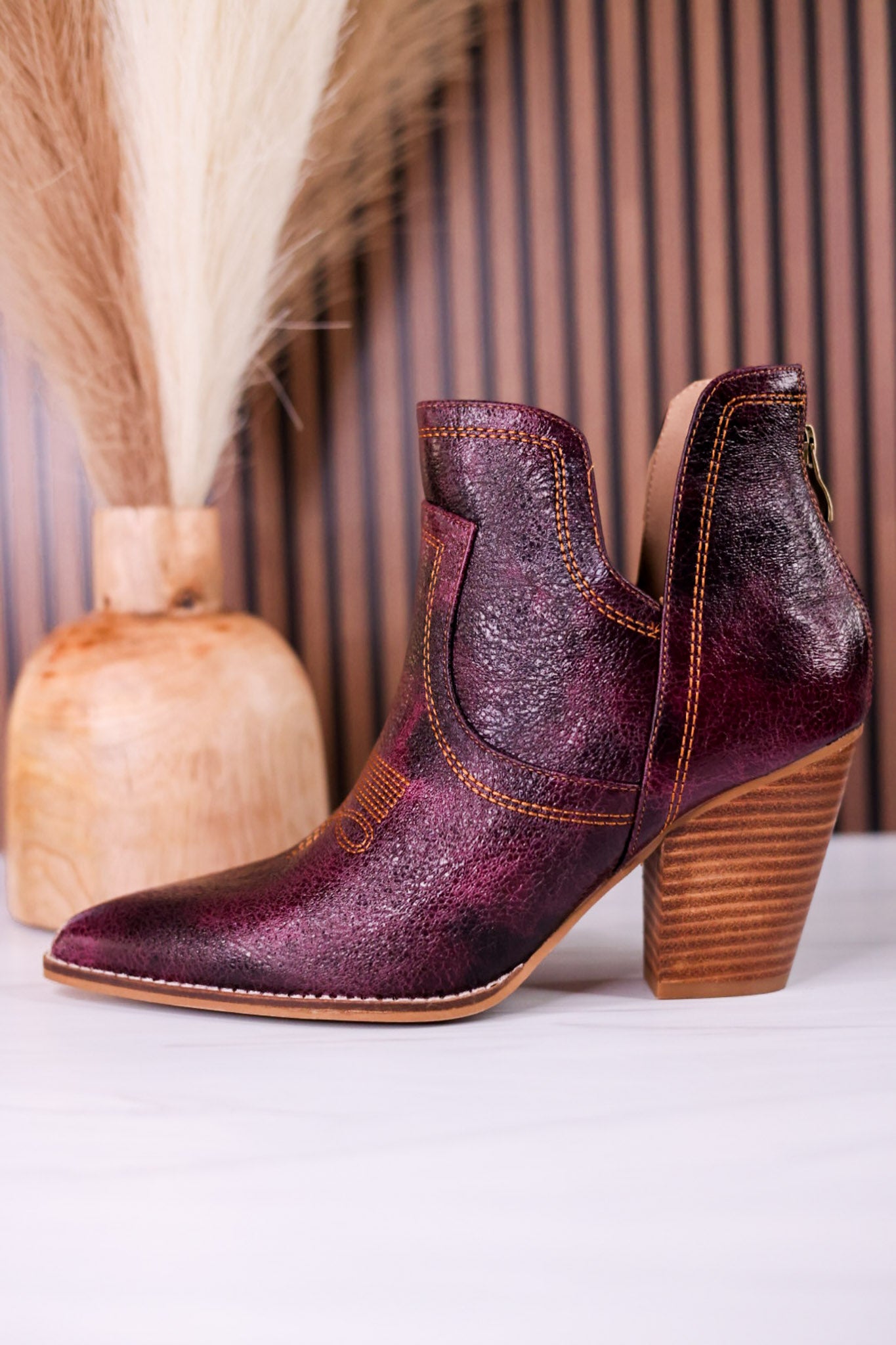 Smoke Show Wine Faux Leather Western Ankle Boots