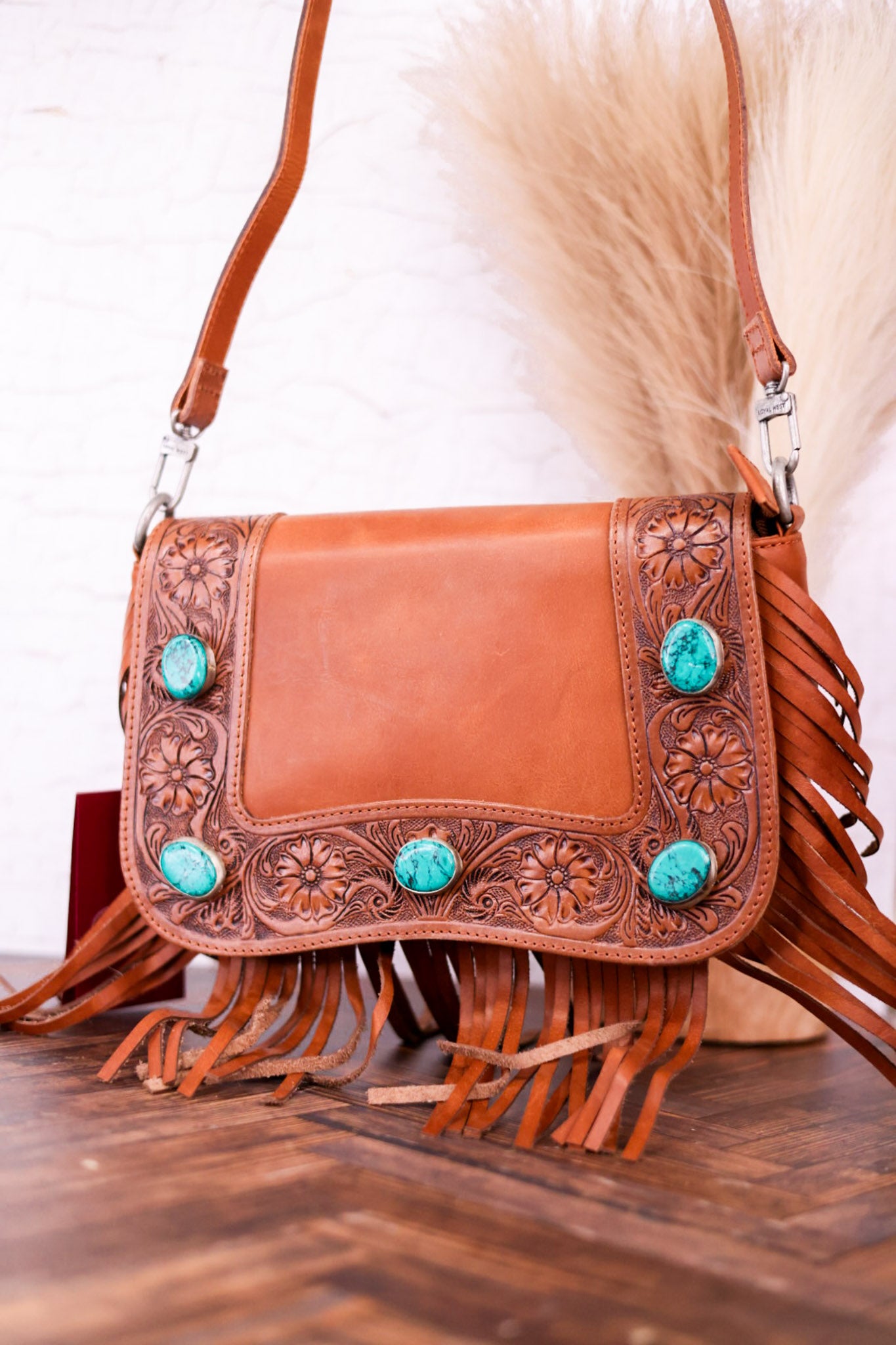 Boho Leather Purse with Tassels and Turquoise Accents