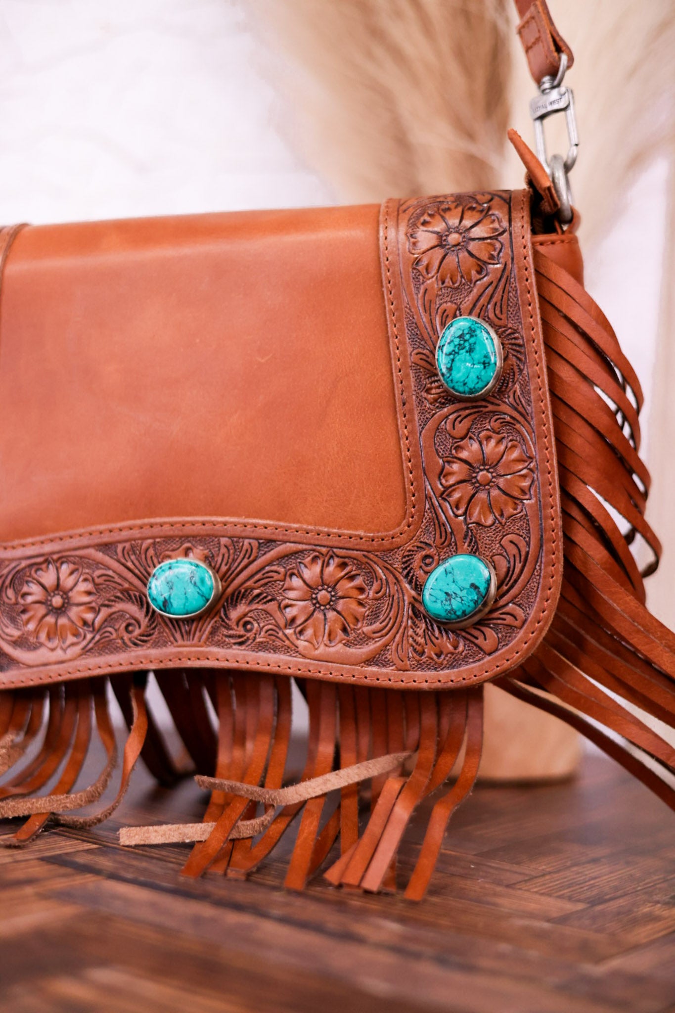 Boho Leather Purse with Tassels and Turquoise Accents