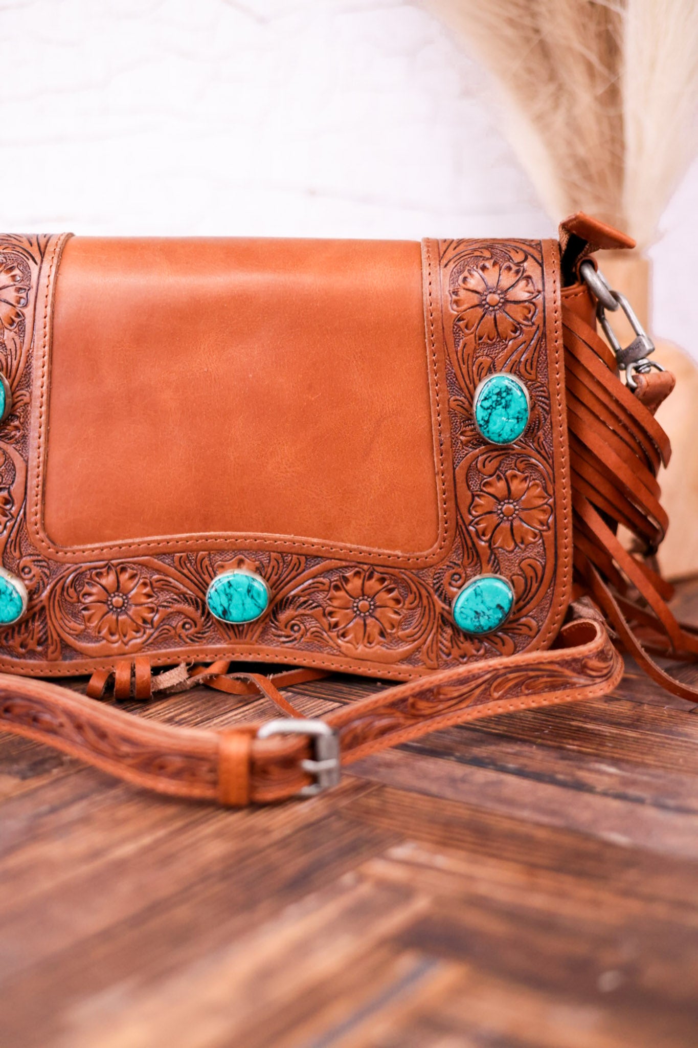 Boho Leather Purse with Tassels and Turquoise Accents