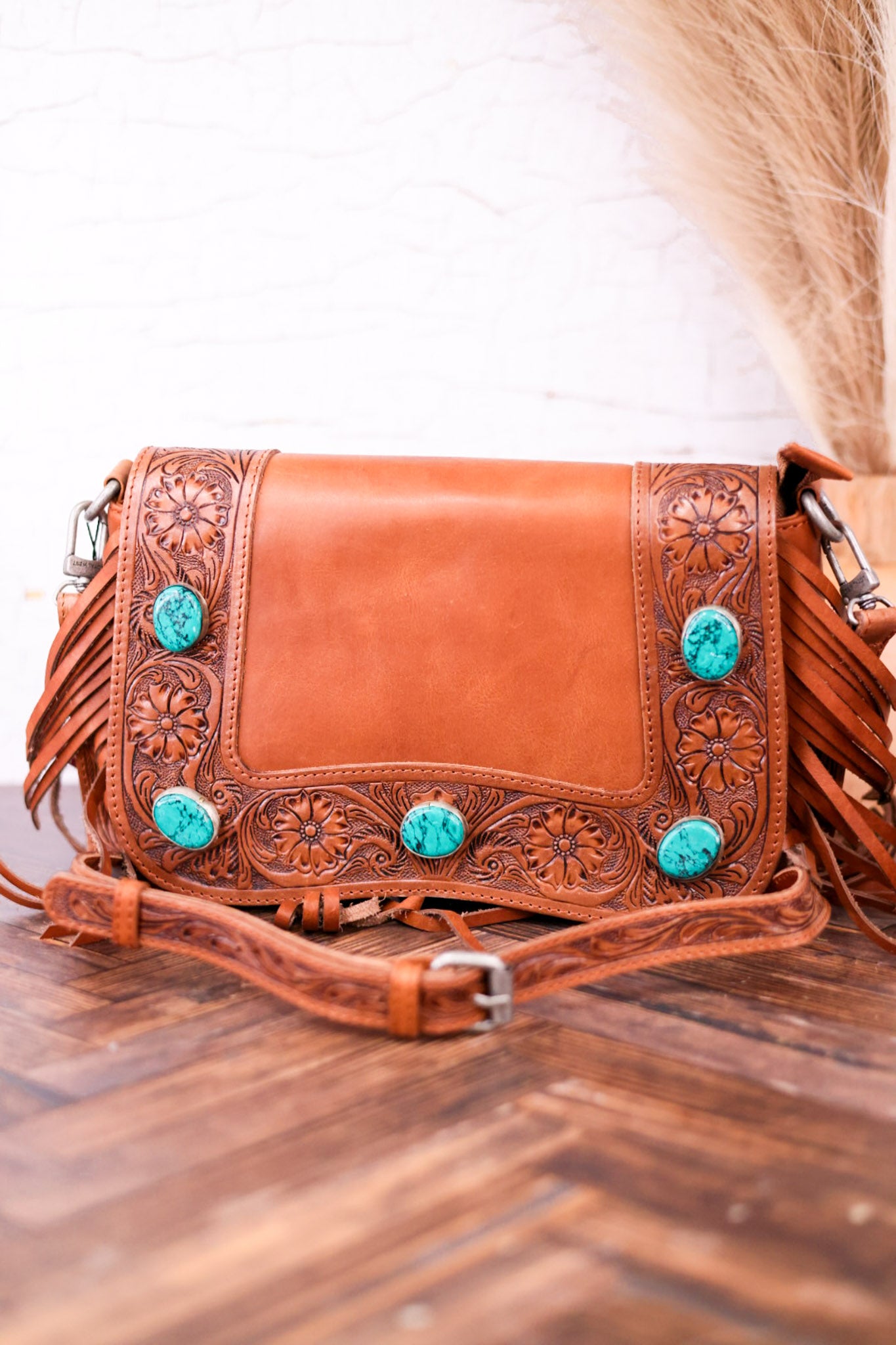 Boho Leather Purse with Tassels and Turquoise Accents