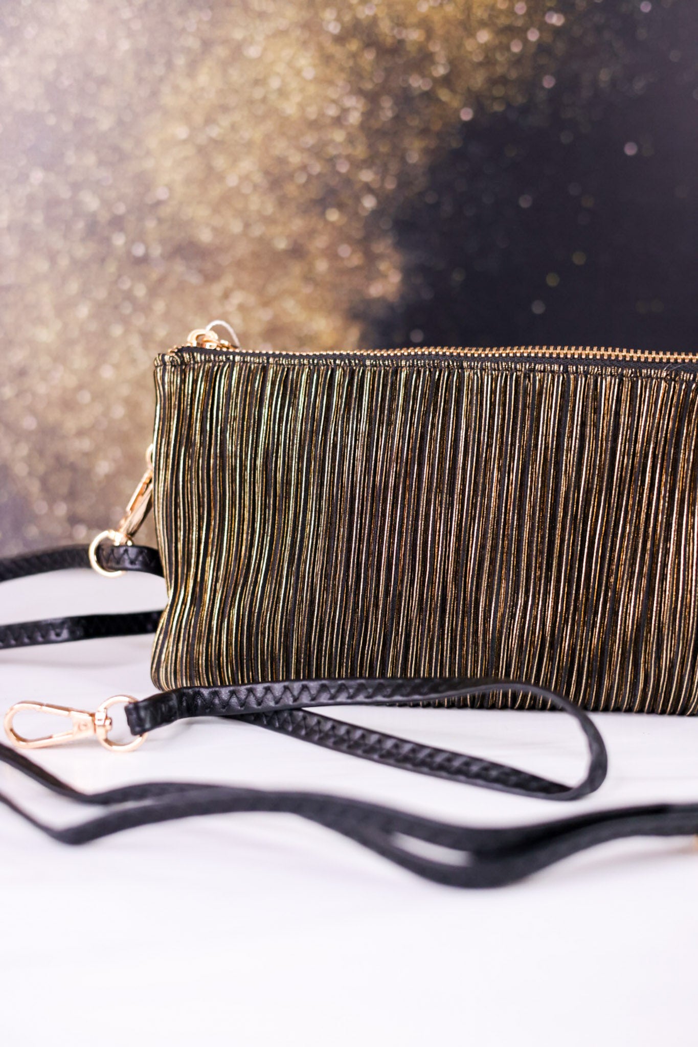 Black And Gold Shimmer Stripe Riley Crossbody Bag