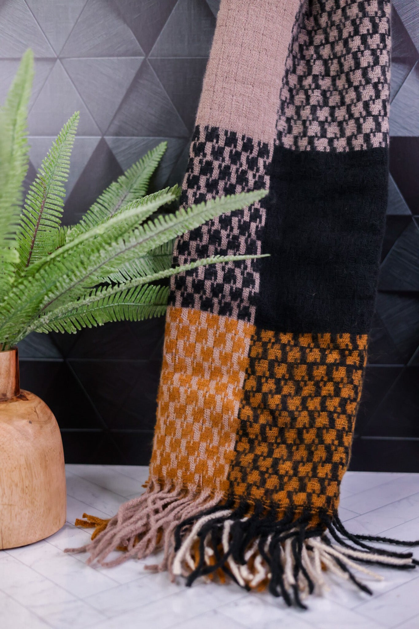 Gold Oakley Plaid Fringe Scarf