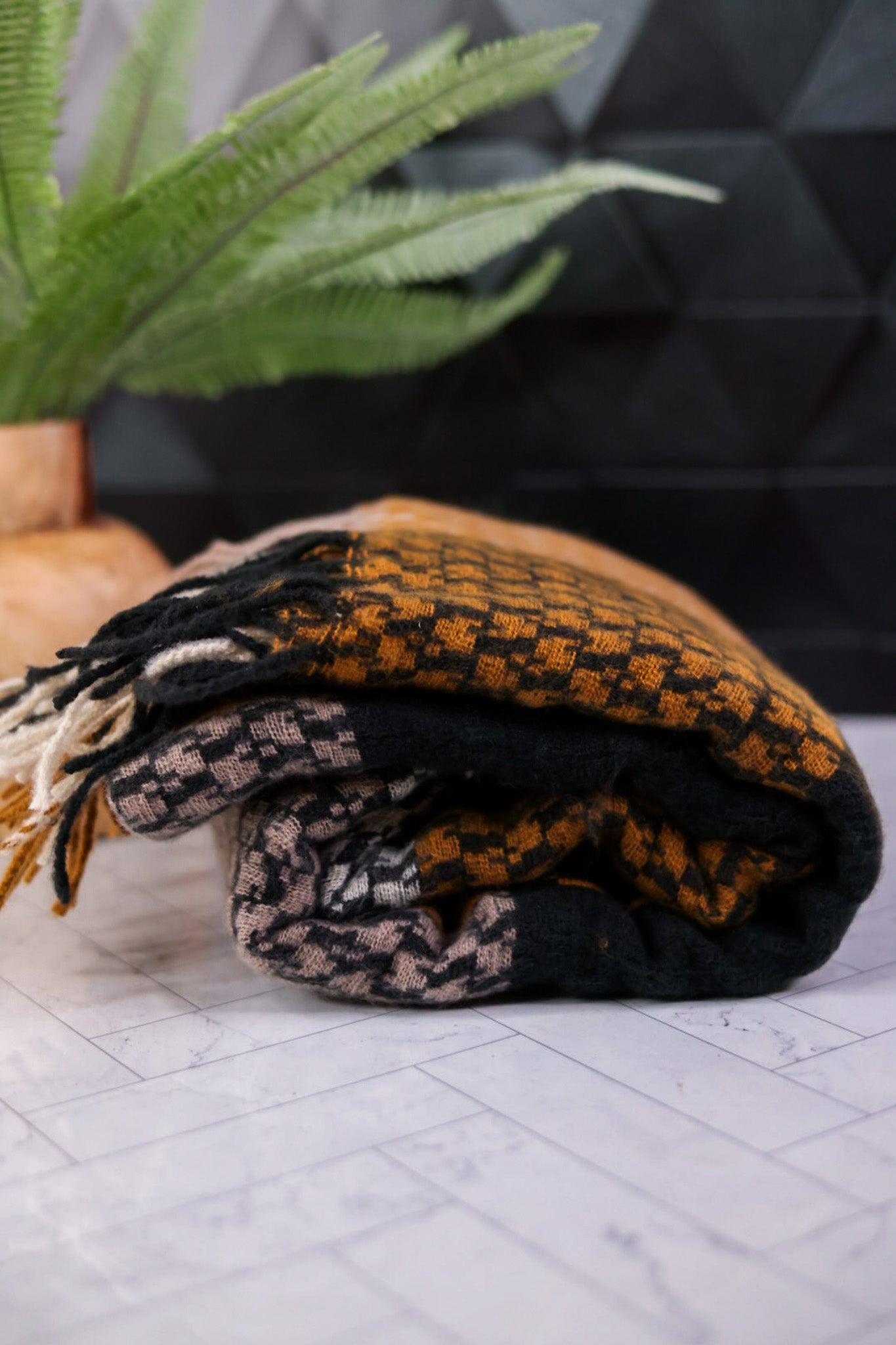 Gold Oakley Plaid Fringe Scarf