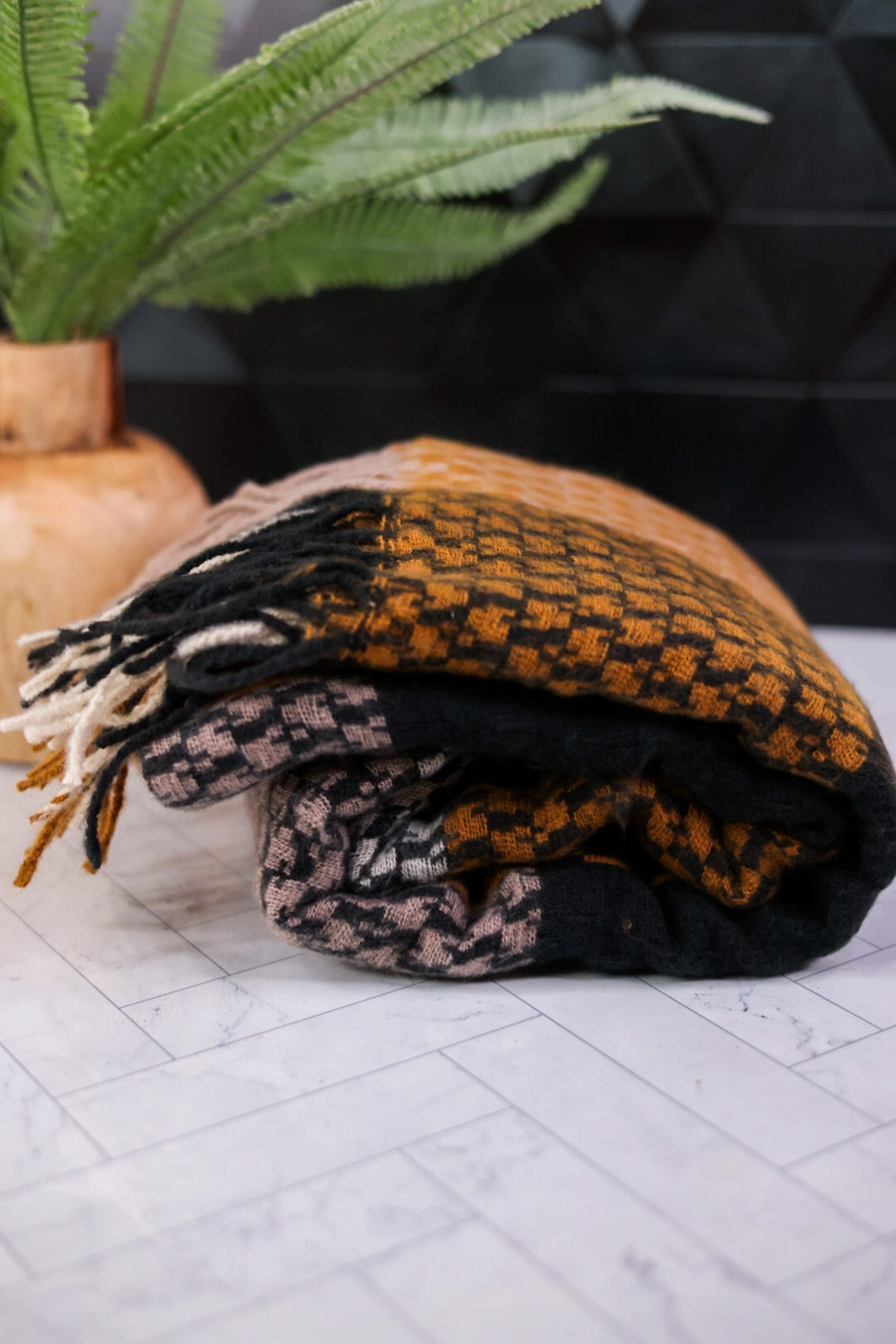 Gold Oakley Plaid Fringe Scarf