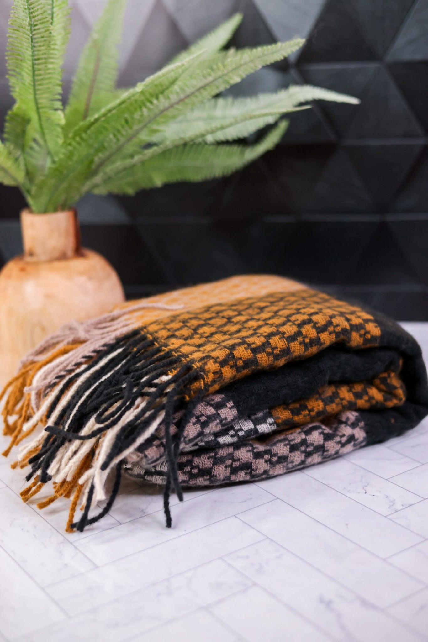 Gold Oakley Plaid Fringe Scarf