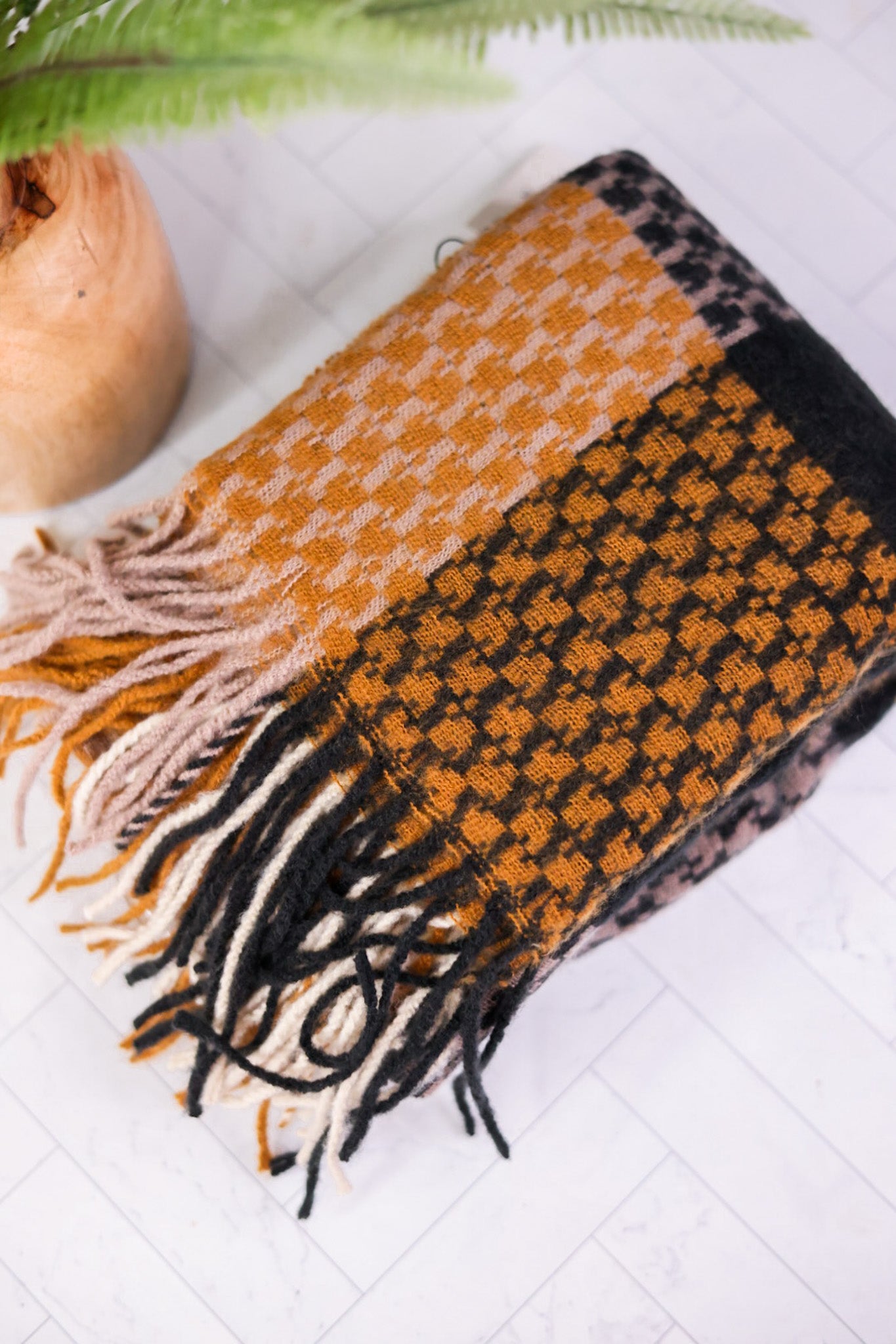 Gold Oakley Plaid Fringe Scarf