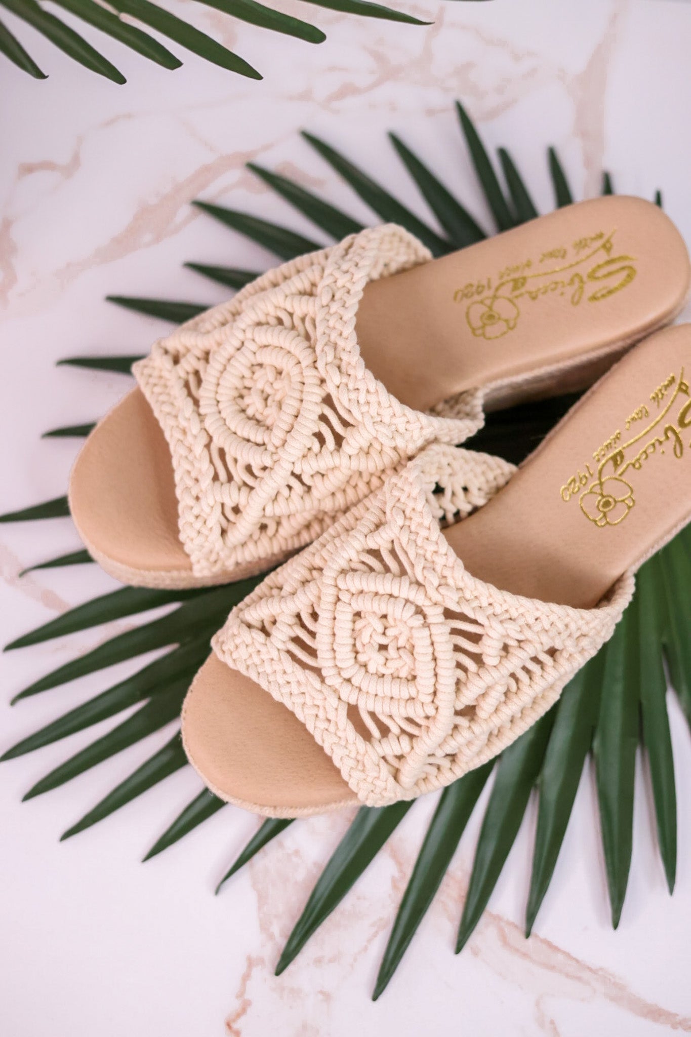 Eureka Ivory Macrame Slide Wedges