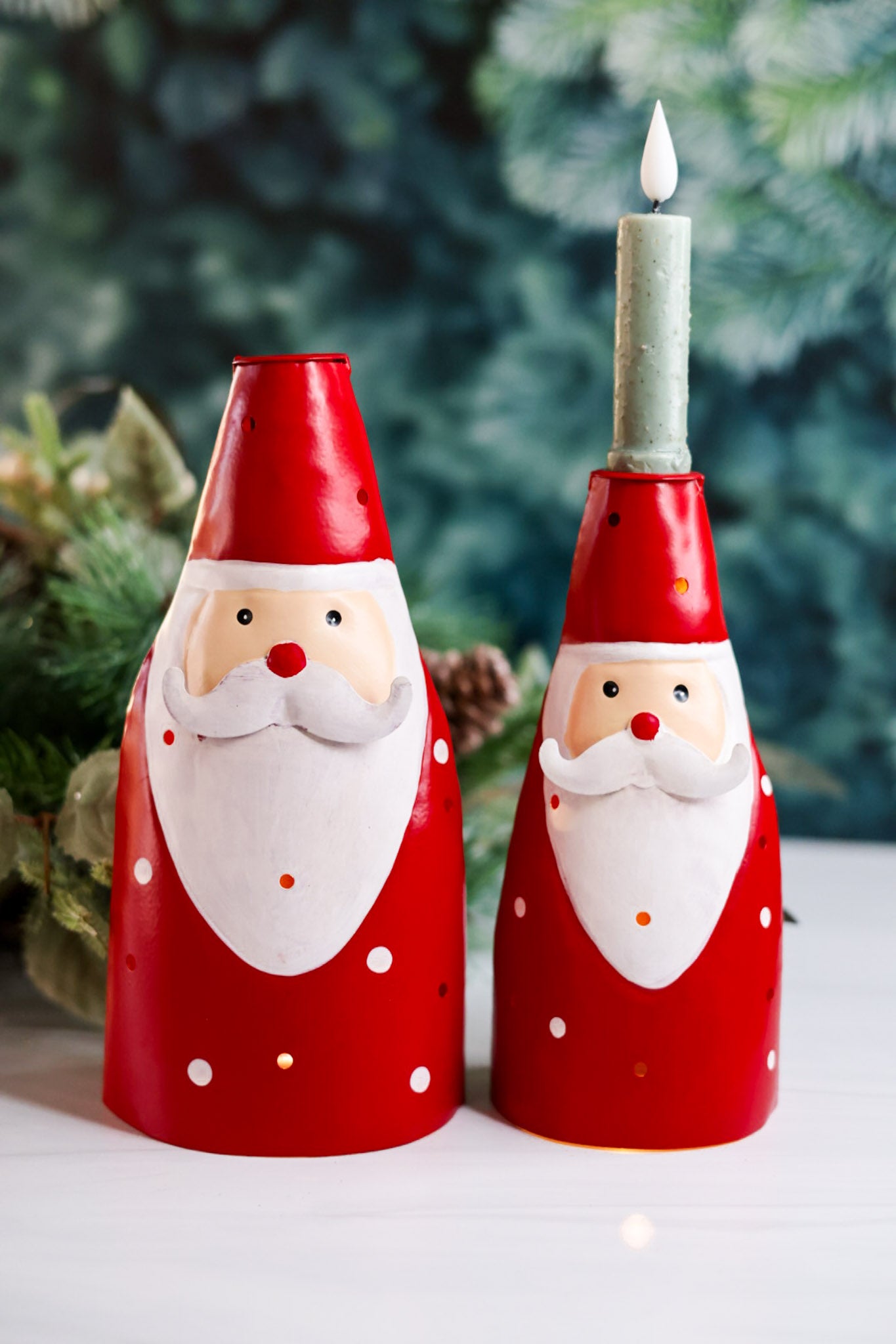 Small Tin LED Light Up Santa Candlestick Holder