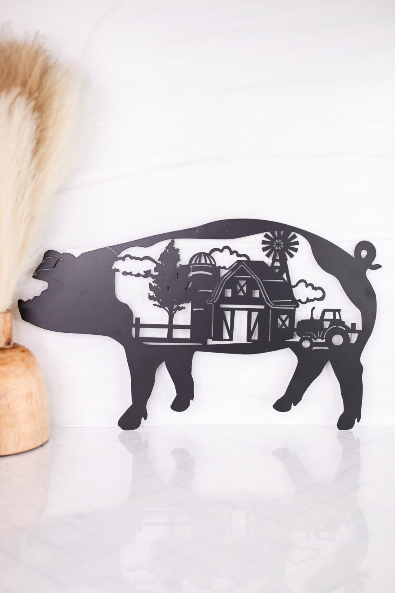 Laser Cut Metal Pig with Country Farm Scene