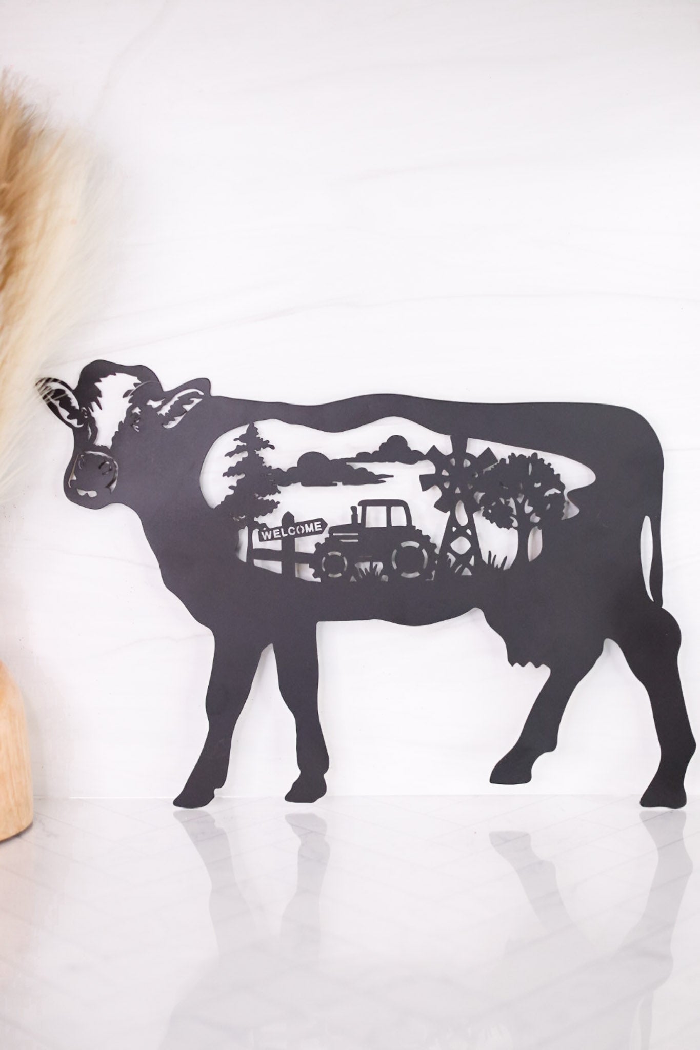 Black Laser Cut Metal Cow with Farm Truck Scene