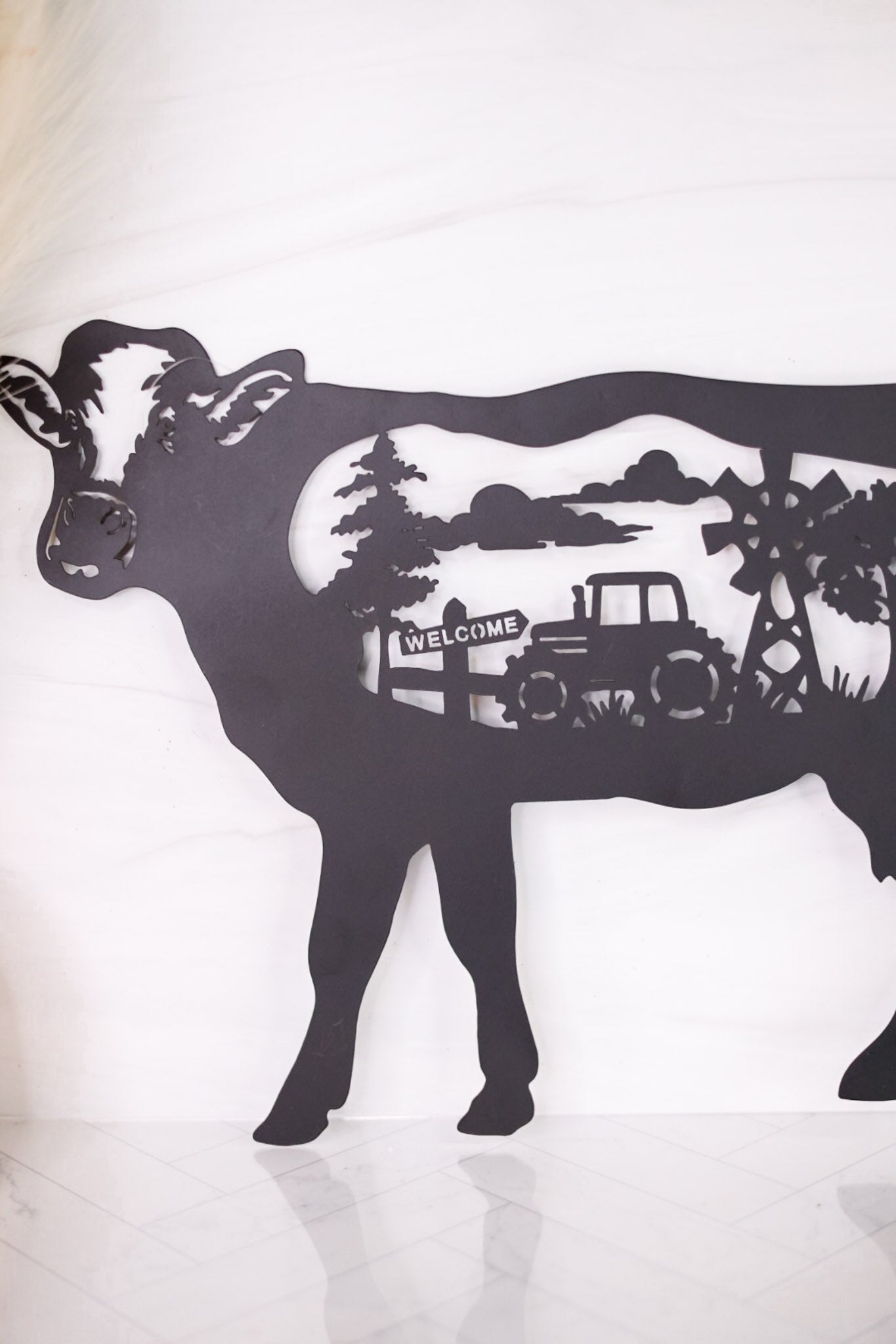 Black Laser Cut Metal Cow with Farm Truck Scene