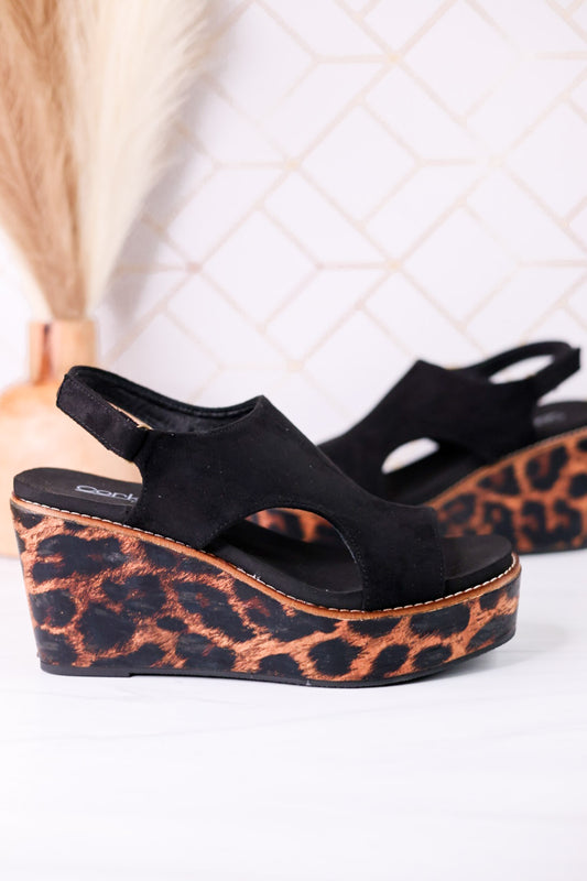 Black Faux Suede Freddie Wedge Sandals