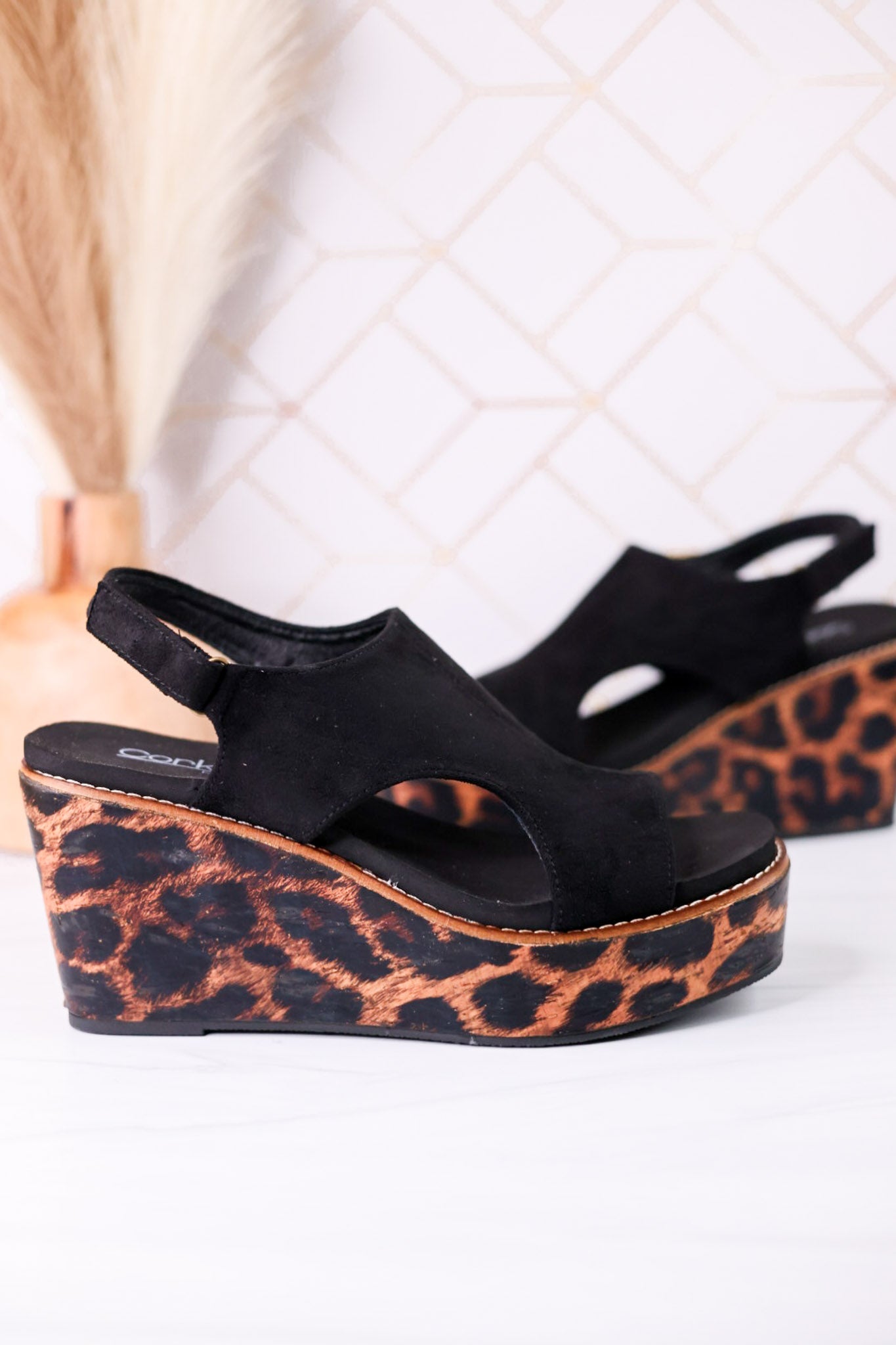 Black Faux Suede Freddie Wedge Sandals