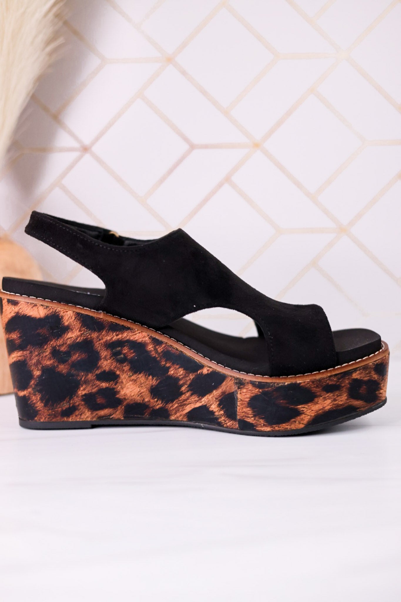 Black Faux Suede Freddie Wedge Sandals