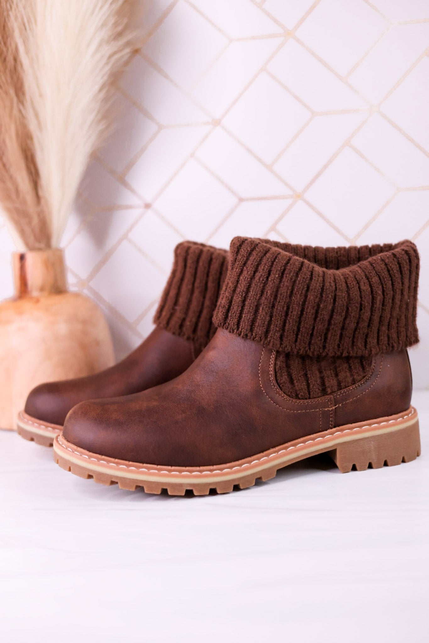 Quiver Brown Ankle Booties With Sweater Cuff