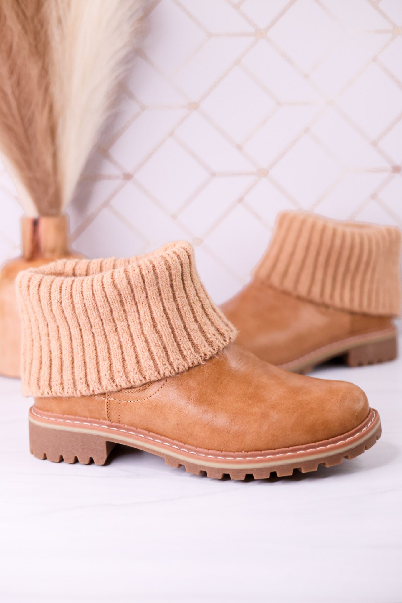 Quiver Ankle Booties With Sweater Cuff In Caramel