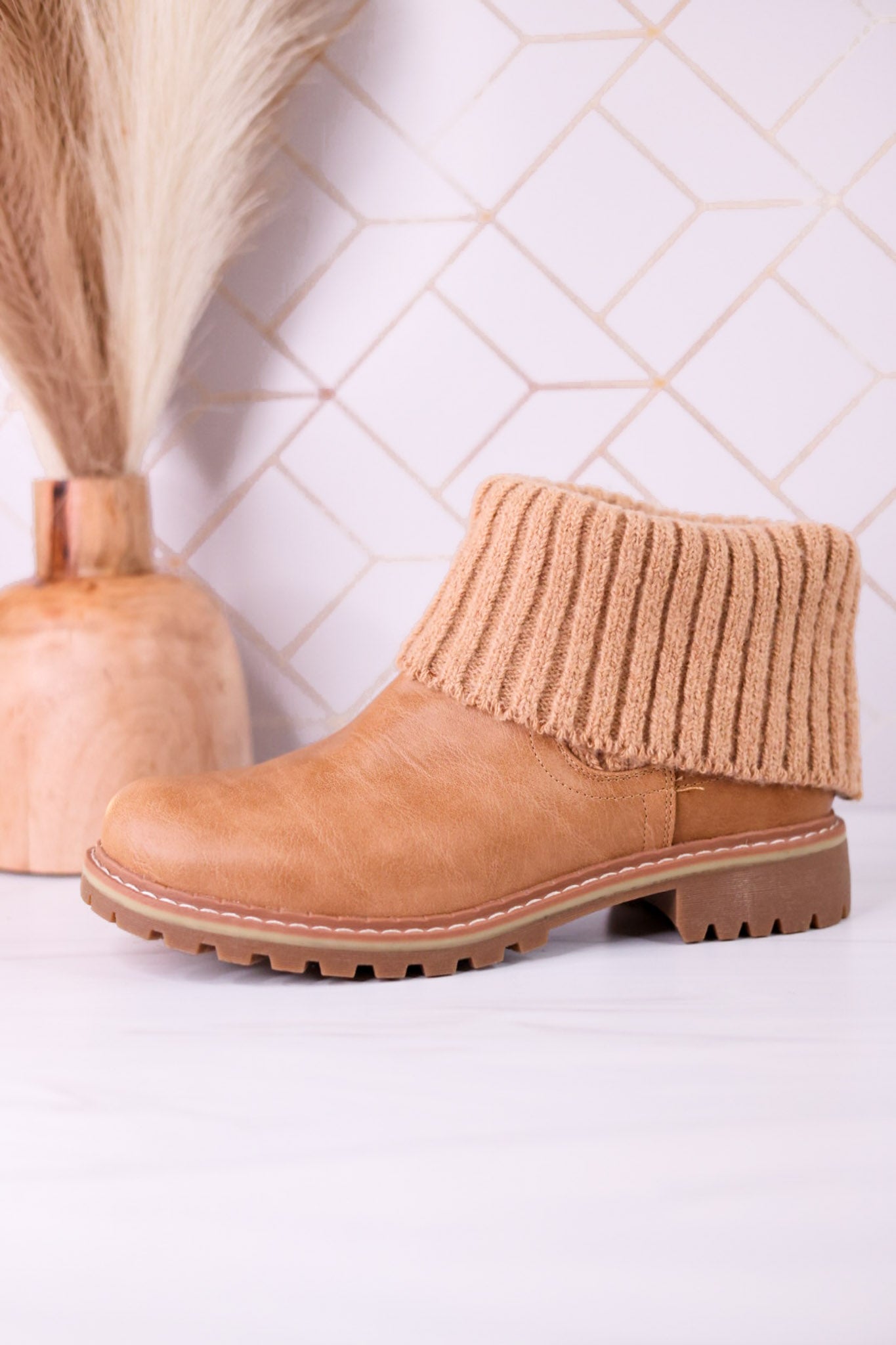 Quiver Ankle Booties With Sweater Cuff In Caramel
