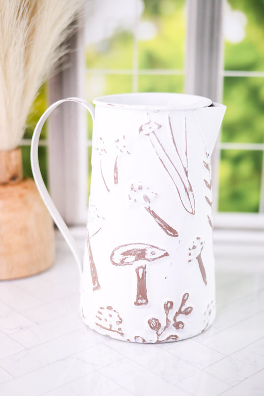 White Embossed Metal Pitcher with Mushroom Design