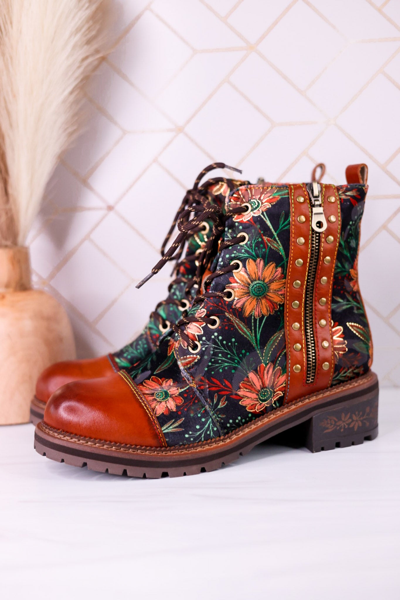 "The Cordea" Floral Embossed Camel Boots