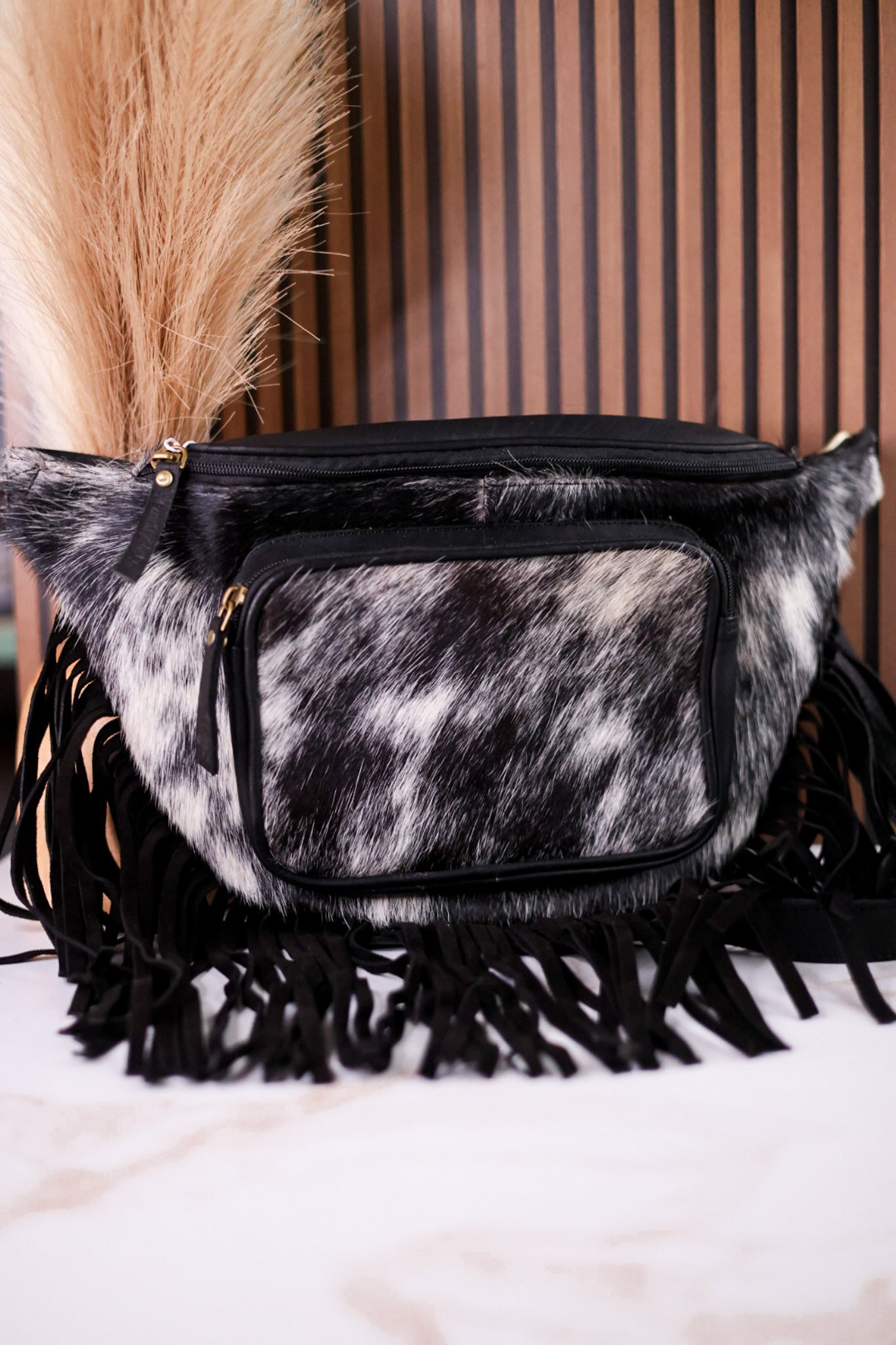Black & White Cowhide Sling Bag With Fringe
