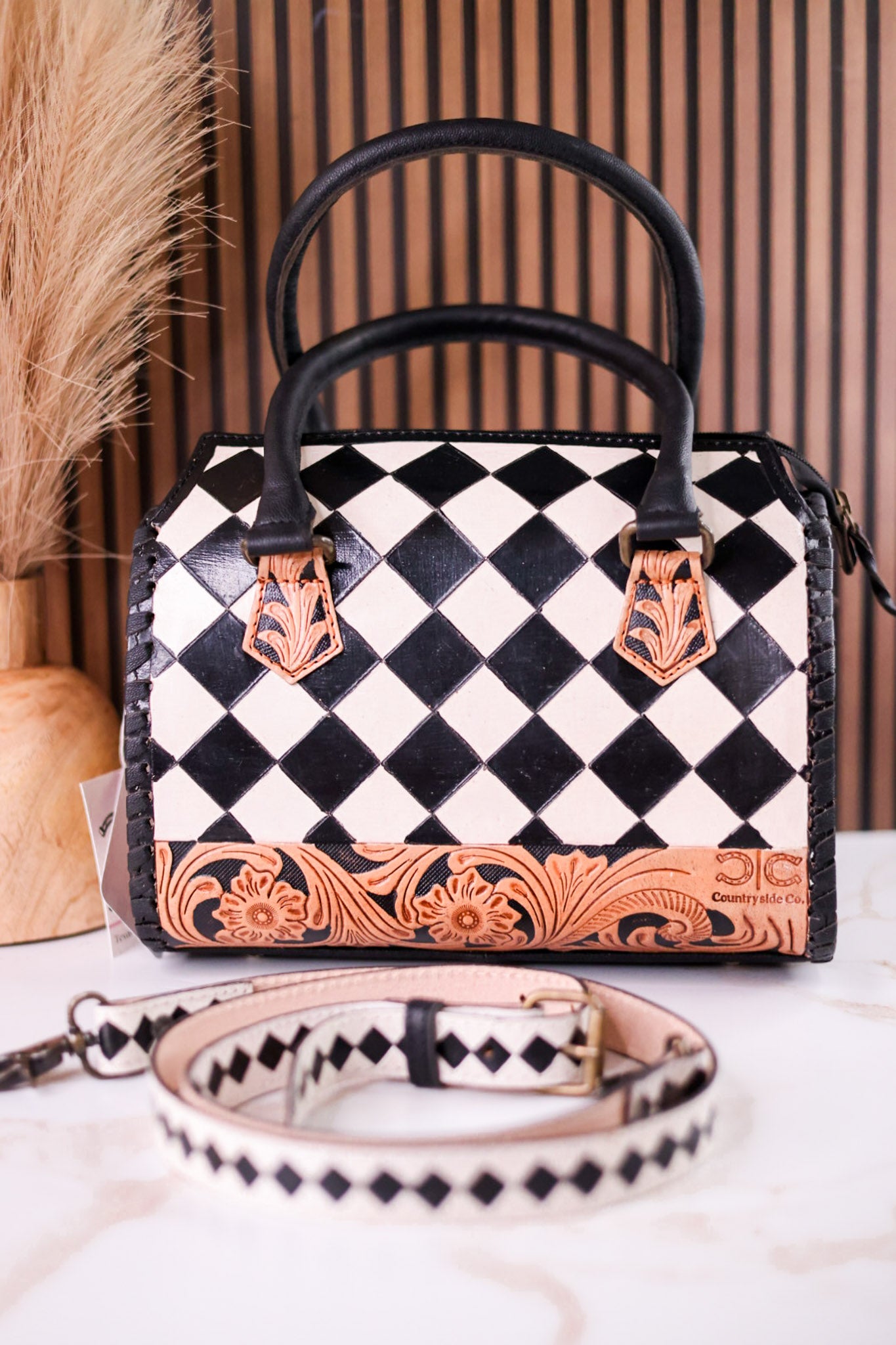 Black & White Checkered Tooled Leather Bag W/ Floral Tooling