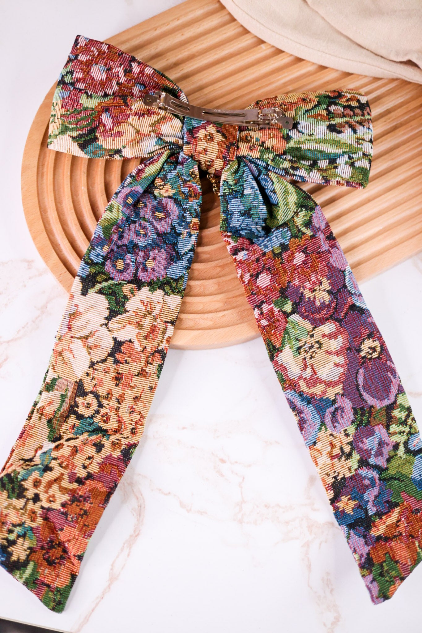 Floral Jacquard Fabric Jumbo Hair Bow Clip
