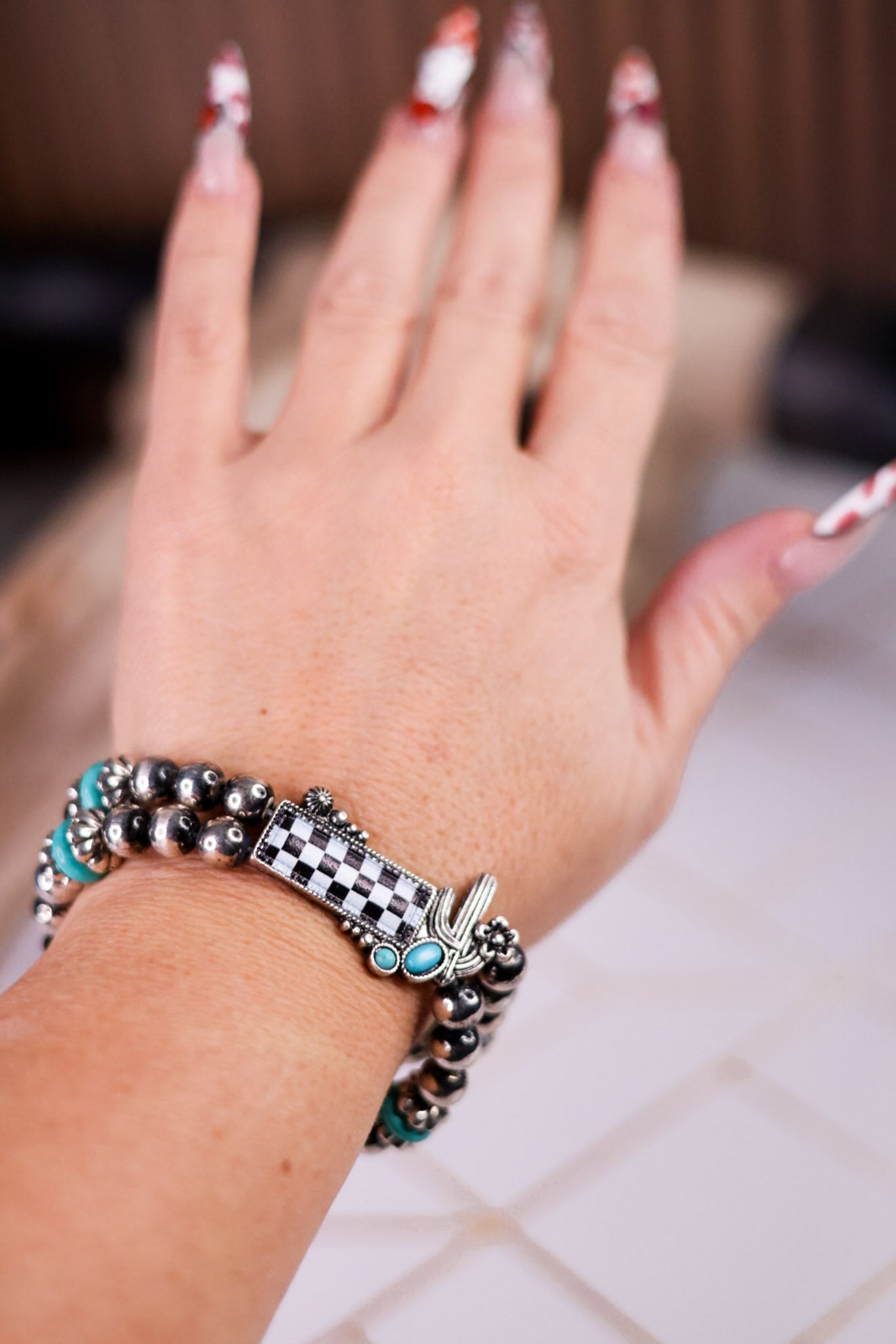 2 Layered Stretch Bracelet With Checkerboard Stone & Cactus Charm