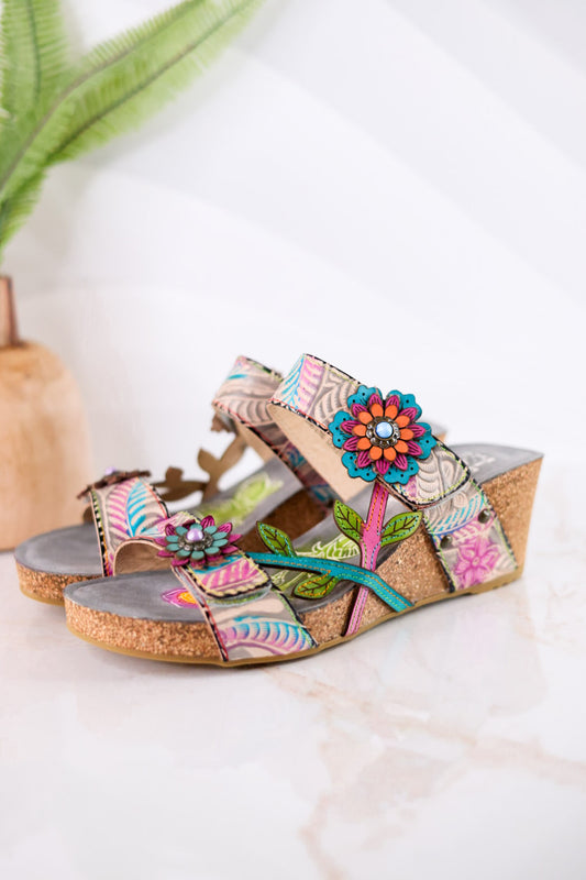 Moai Multicolored Floral Wedge Sandals