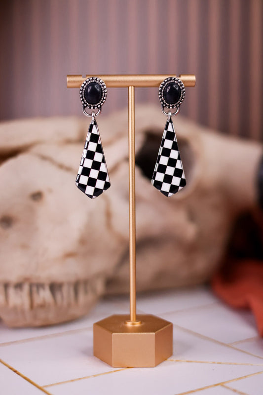 Checkerboard Drop Earrings With Black Concho Accent