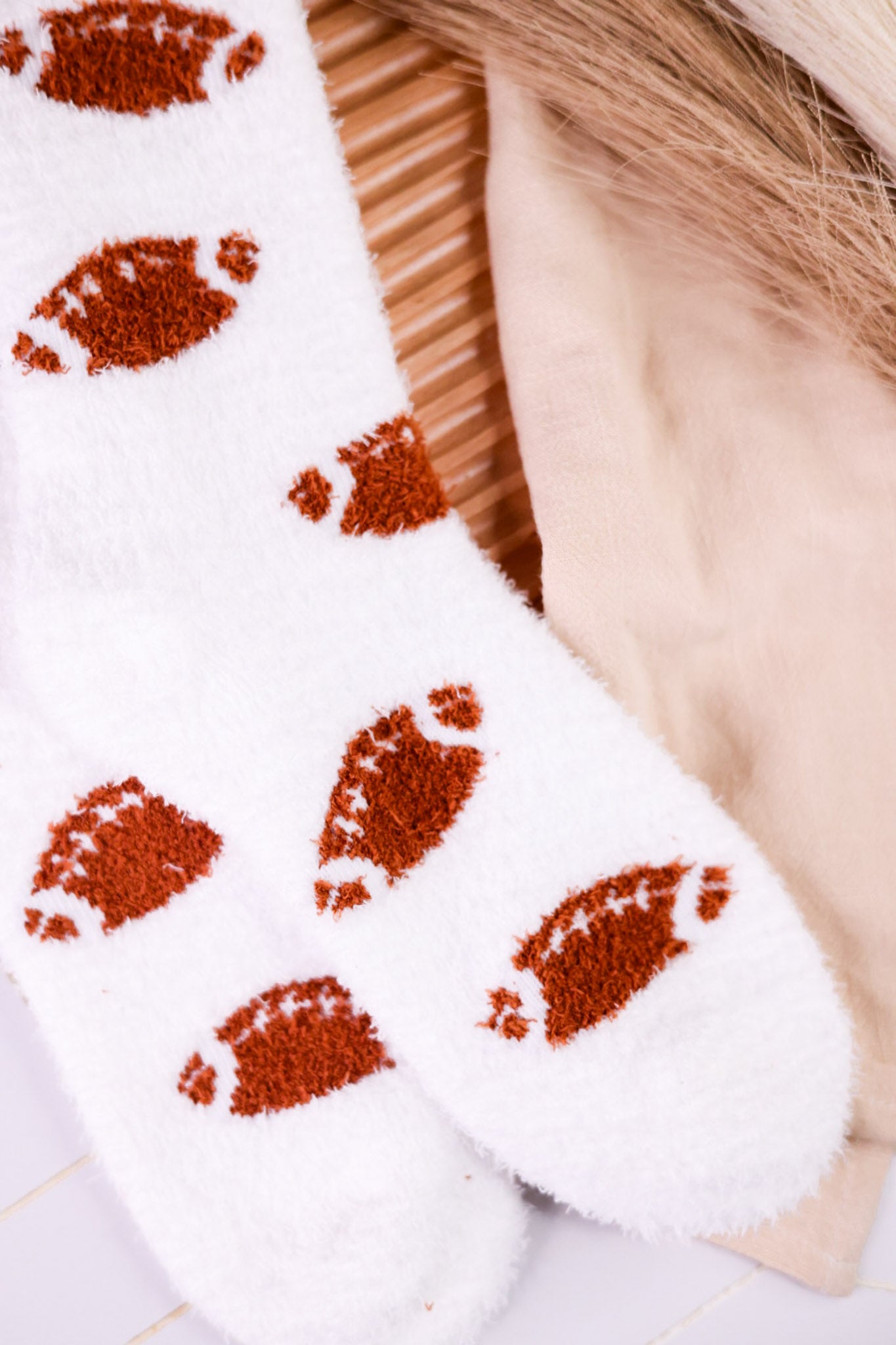 Football Print Fuzzy Crew Socks