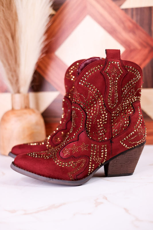 Brick Red Parade Rhinestone Ankle Boots