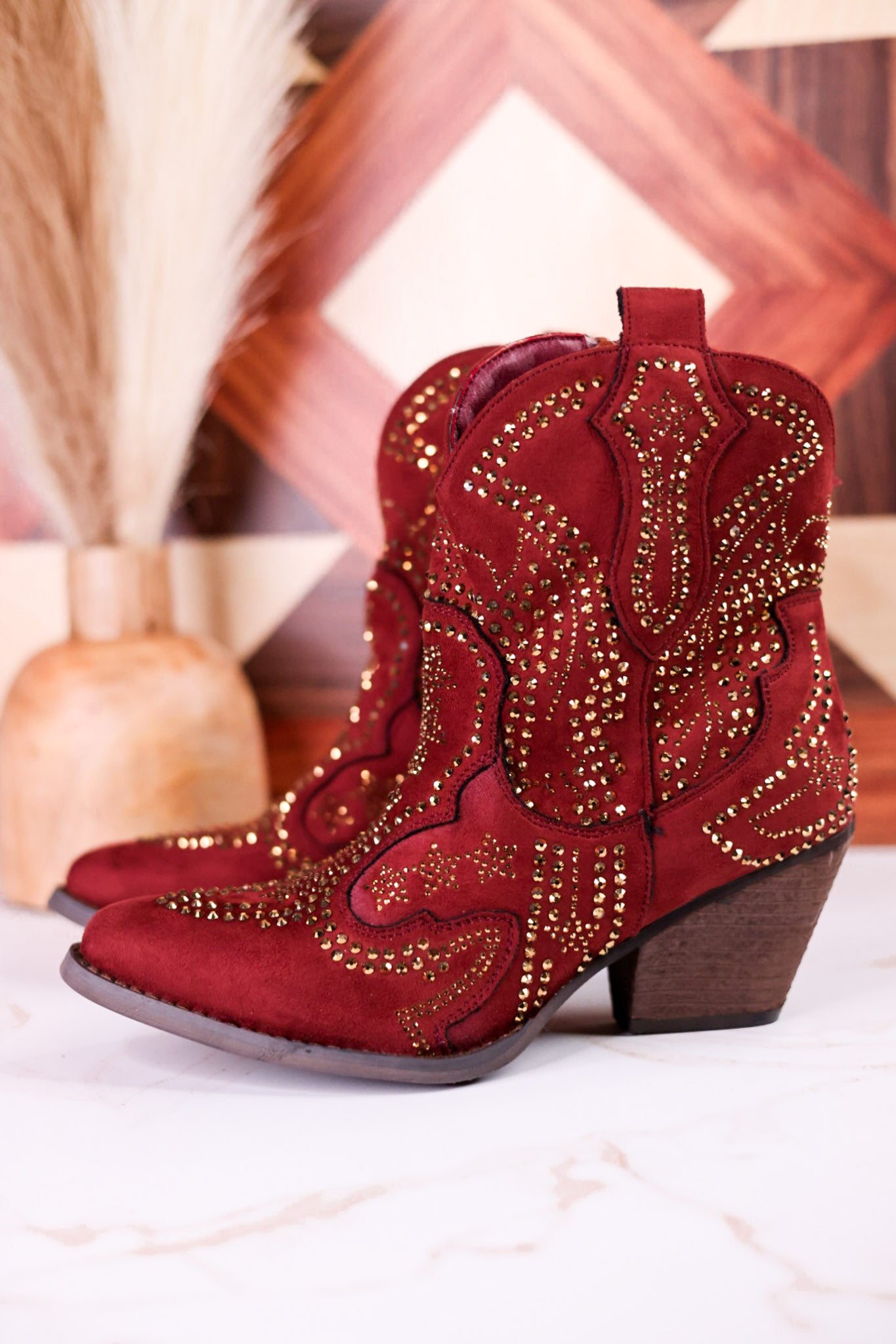 Brick Red Parade Rhinestone Ankle Boots