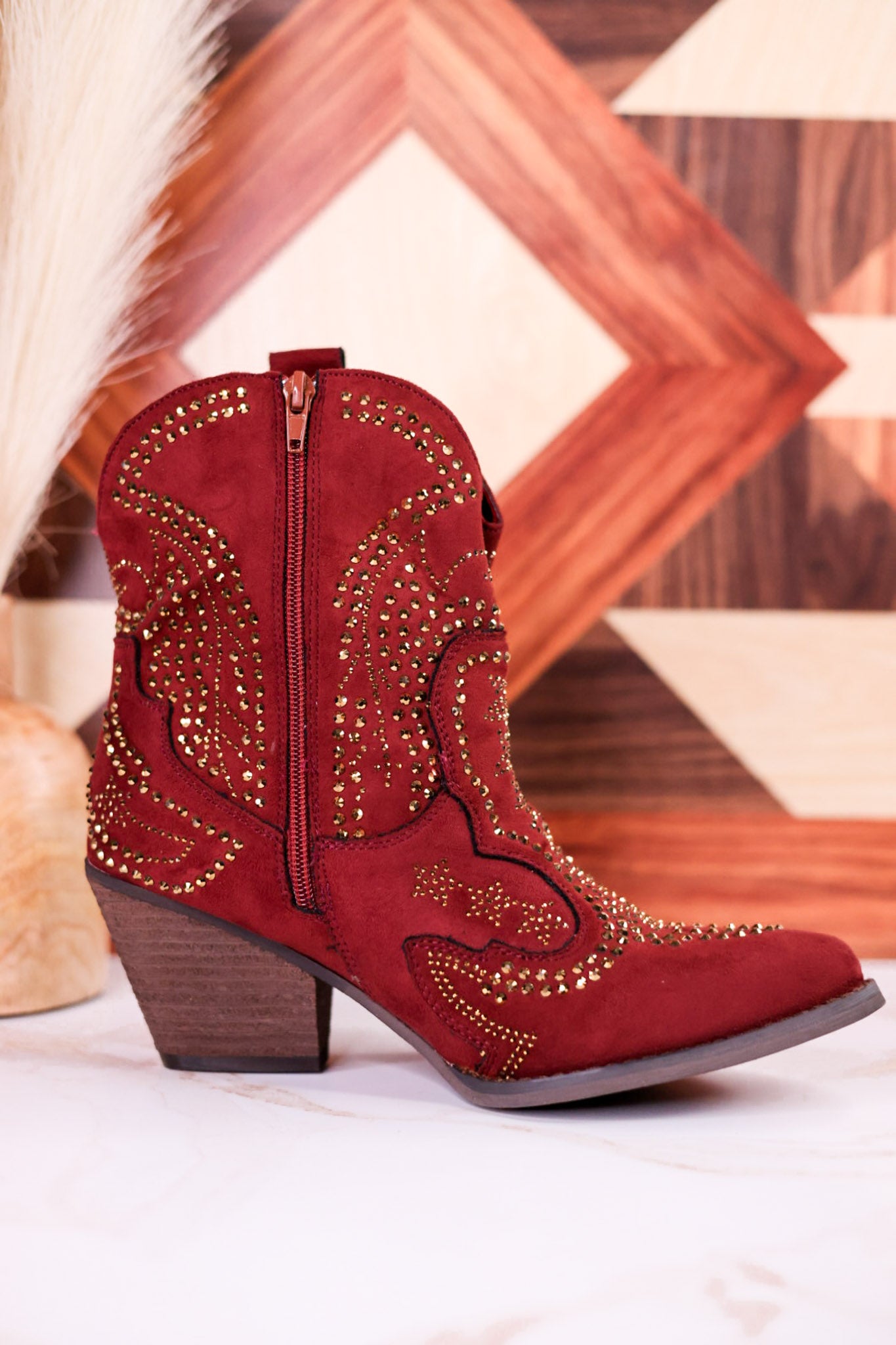 Brick Red Parade Rhinestone Ankle Boots