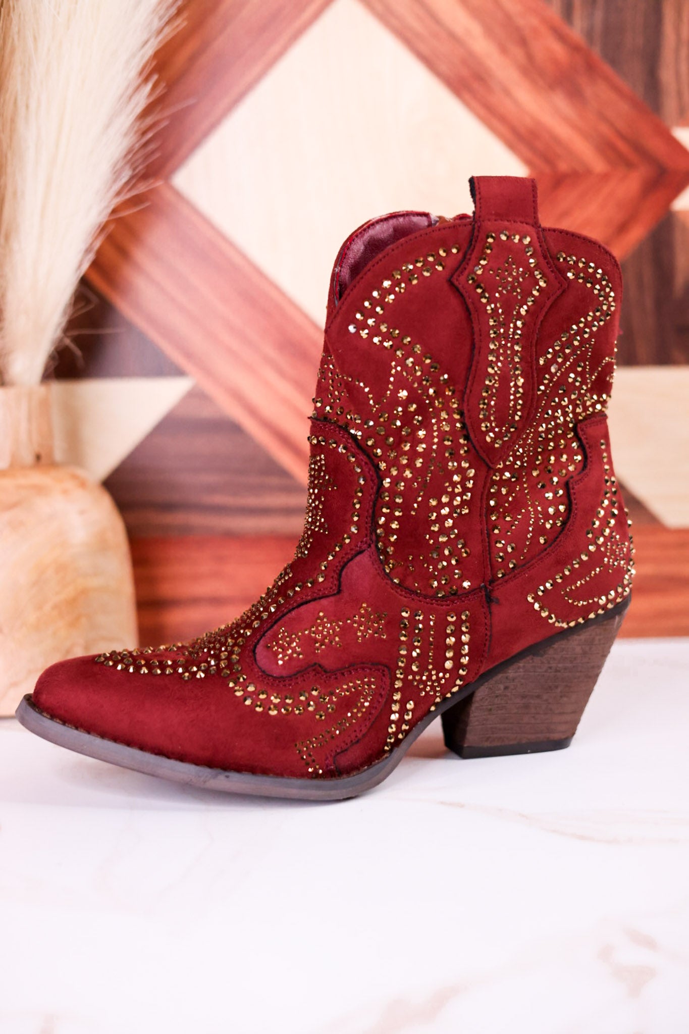 Brick Red Parade Rhinestone Ankle Boots