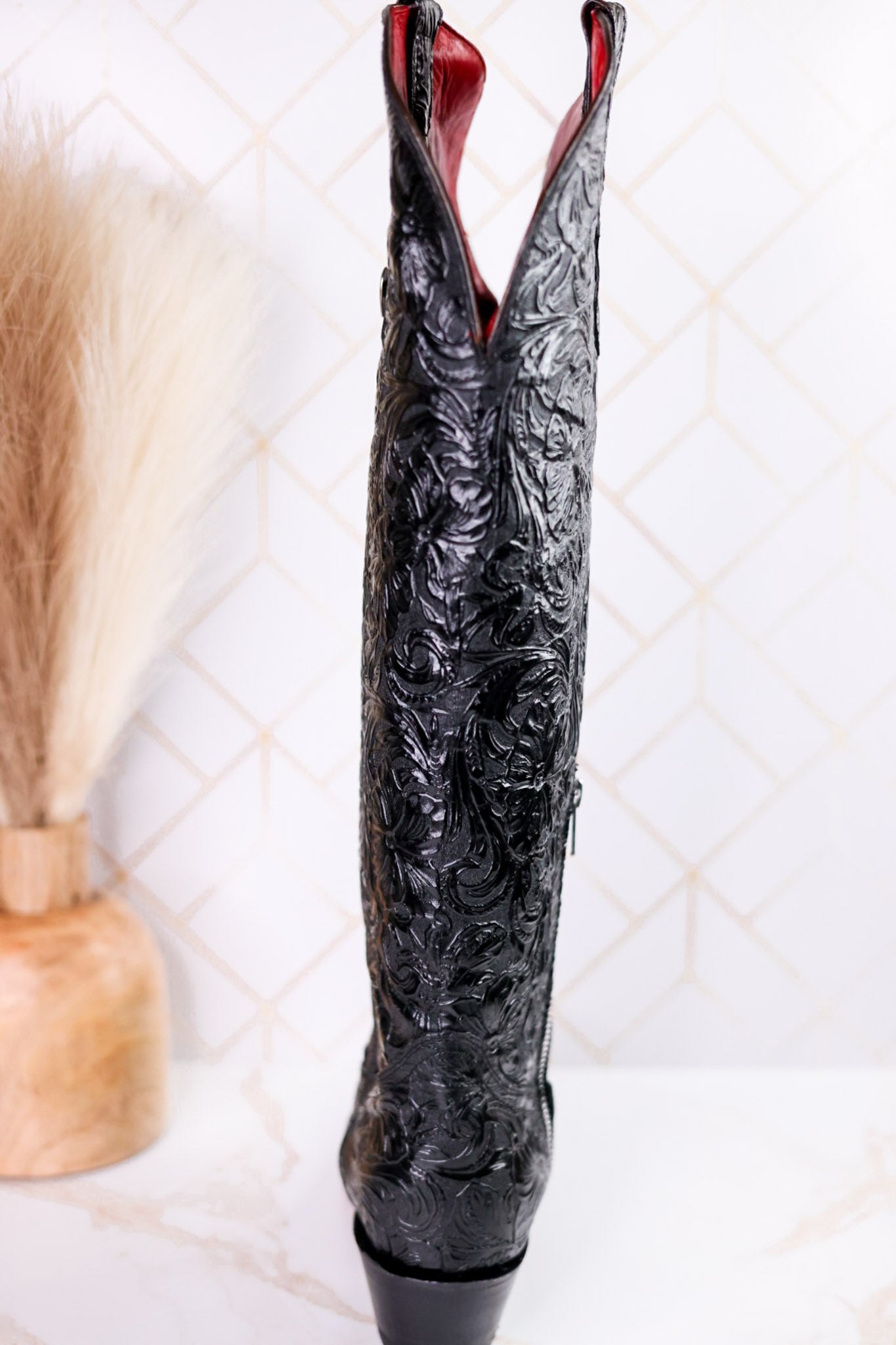The "Nancy" Tall Black Wide Calf Leather Cowgirl Boots