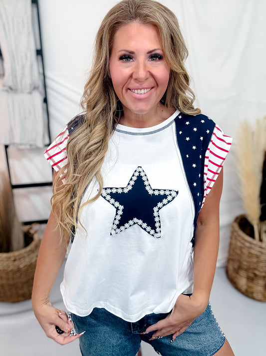 4th Of July Mixed Print Top With Star Applique - Whiskey Skies - BIBI