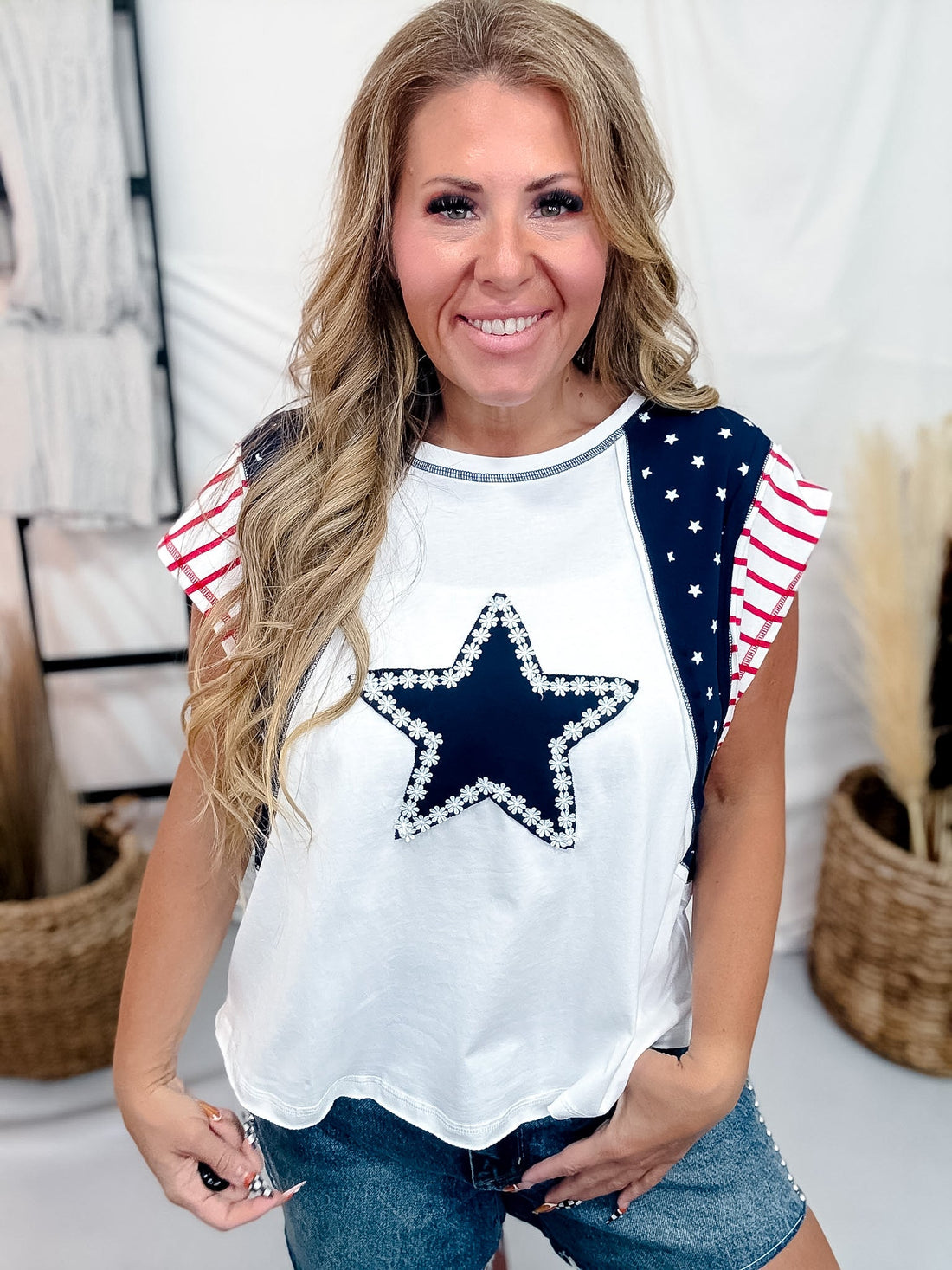 4th Of July Mixed Print Top With Star Applique - Whiskey Skies - BIBI