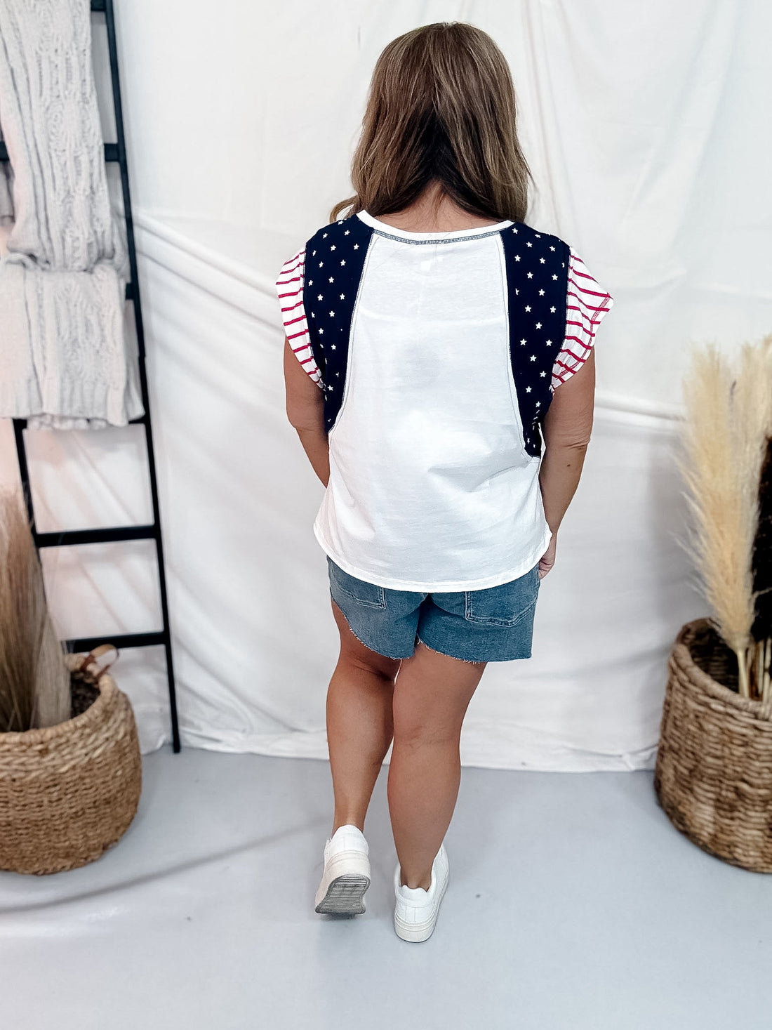 4th Of July Mixed Print Top With Star Applique - Whiskey Skies - BIBI