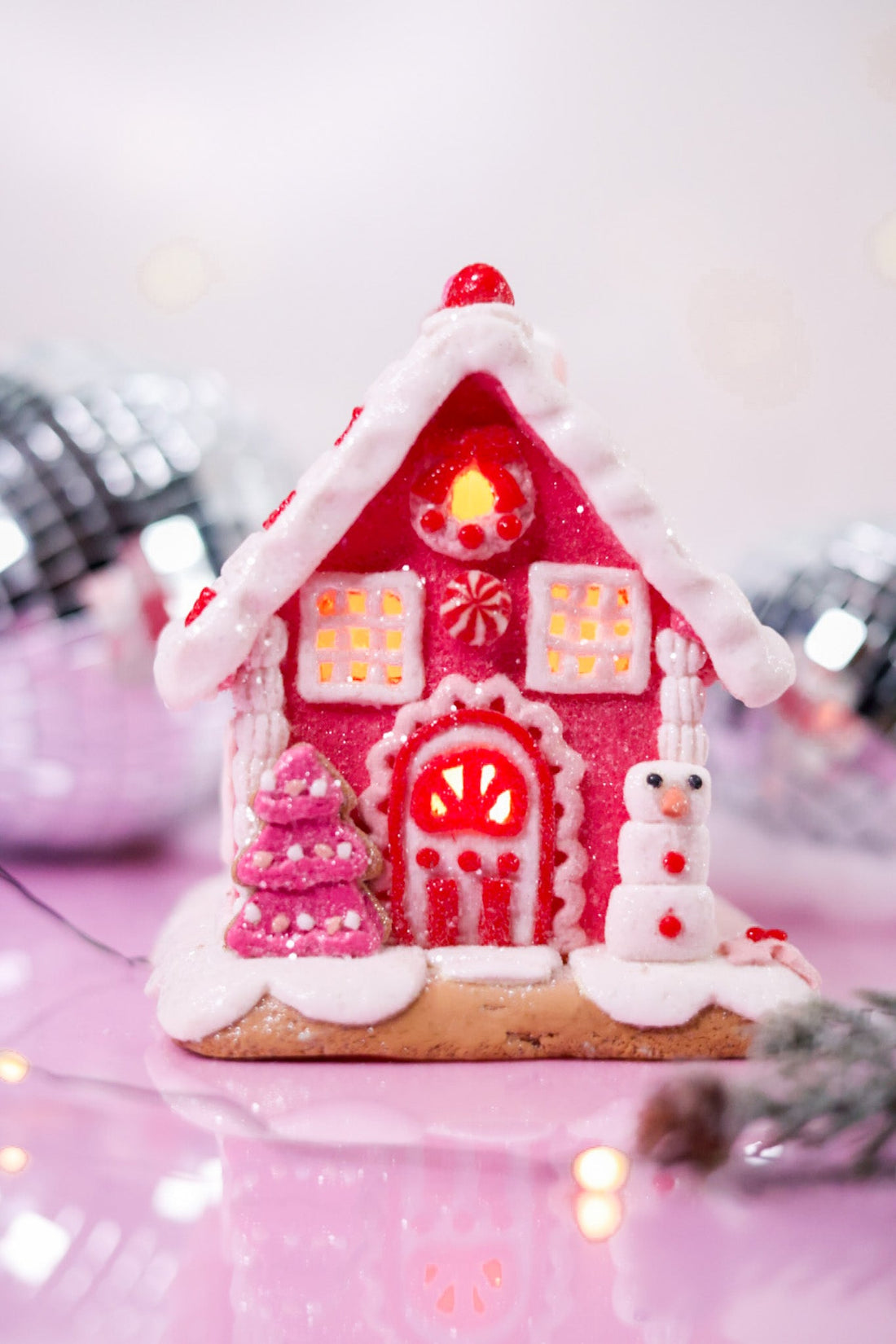 5.5" Light Up Pink Gingerbread House Ornaments - Whiskey Skies - RAZ IMPORTS