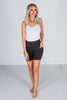 6" Black Biker Shorts With Pockets - Whiskey Skies - RAE MODE