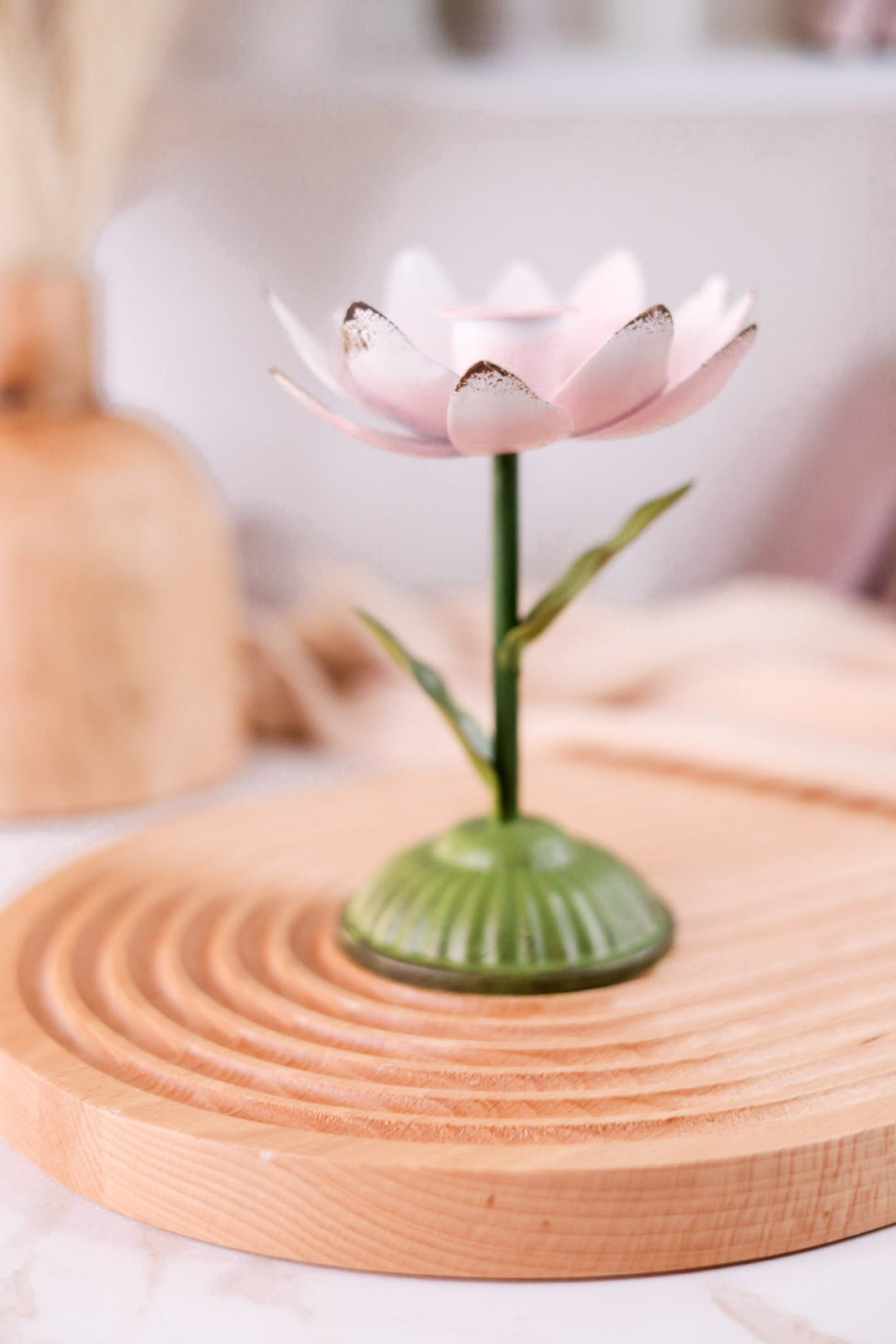 6.25" Pink Metal Flower Taper Candle Holder - Whiskey Skies - MUD PIE